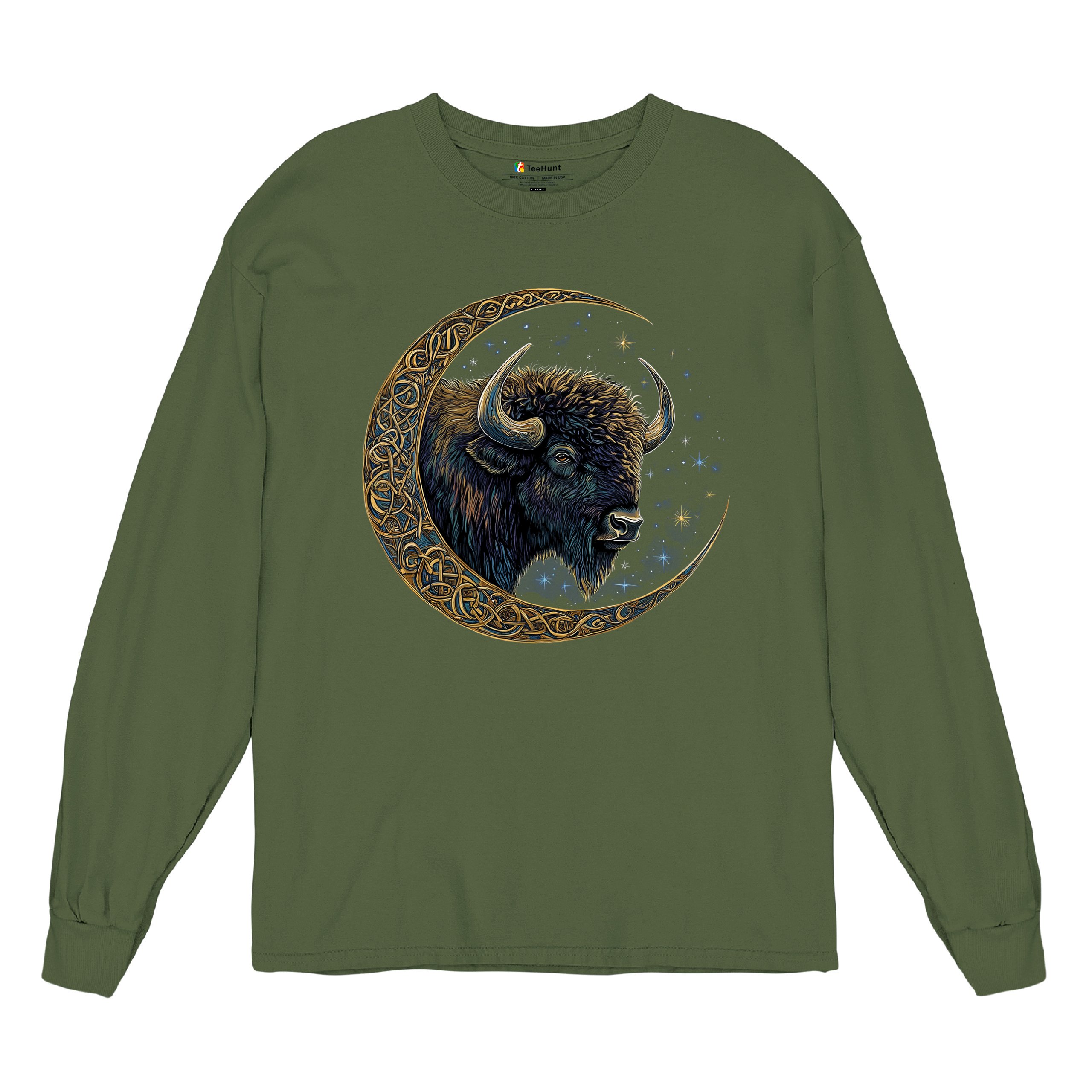 Camiseta Celta Luna Bisonte Manga Larga Bosque Místico Animal Vida Silvestre Celestial - Imagen 55 de 78
