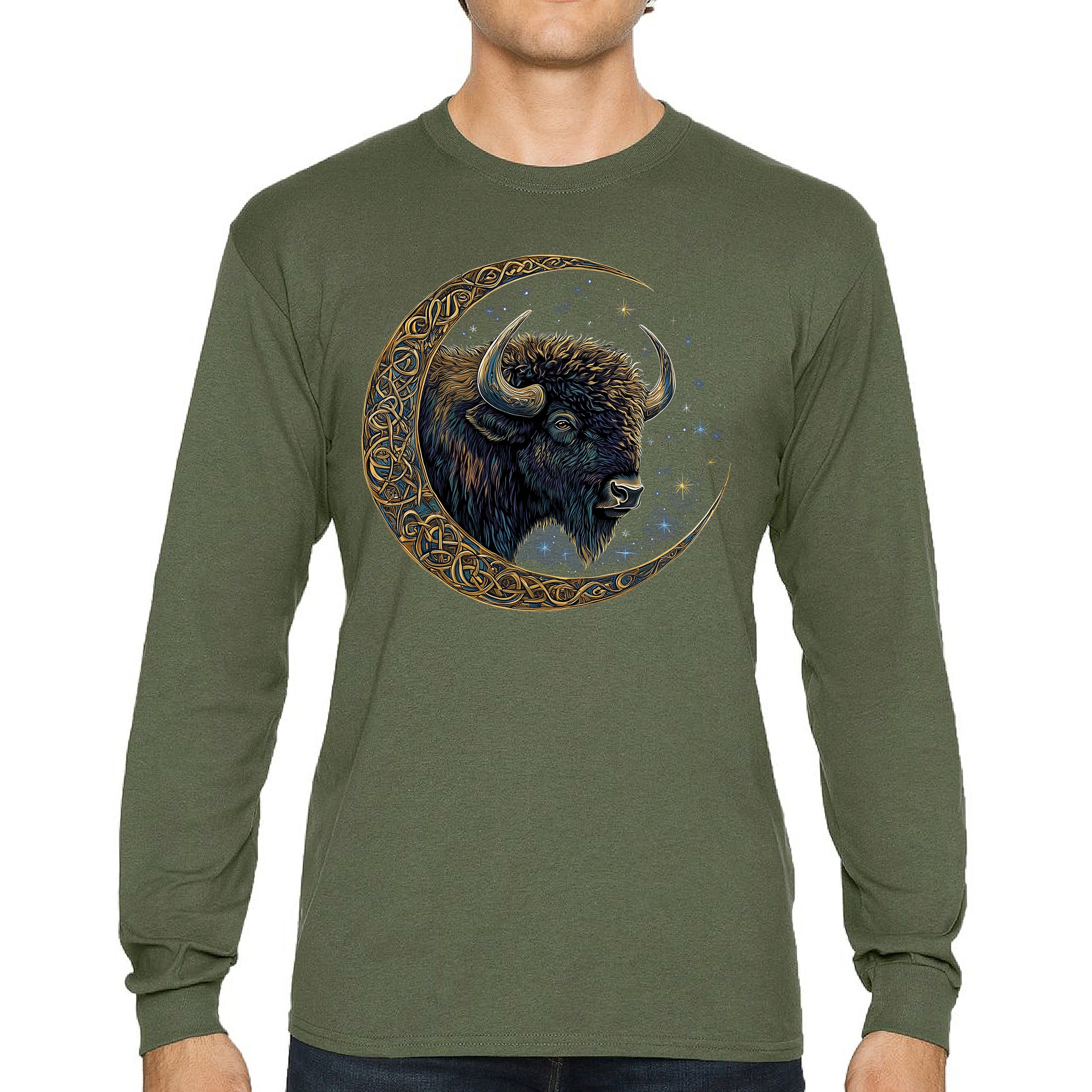 Camiseta Celta Luna Bisonte Manga Larga Bosque Místico Animal Vida Silvestre Celestial - Imagen 51 de 78
