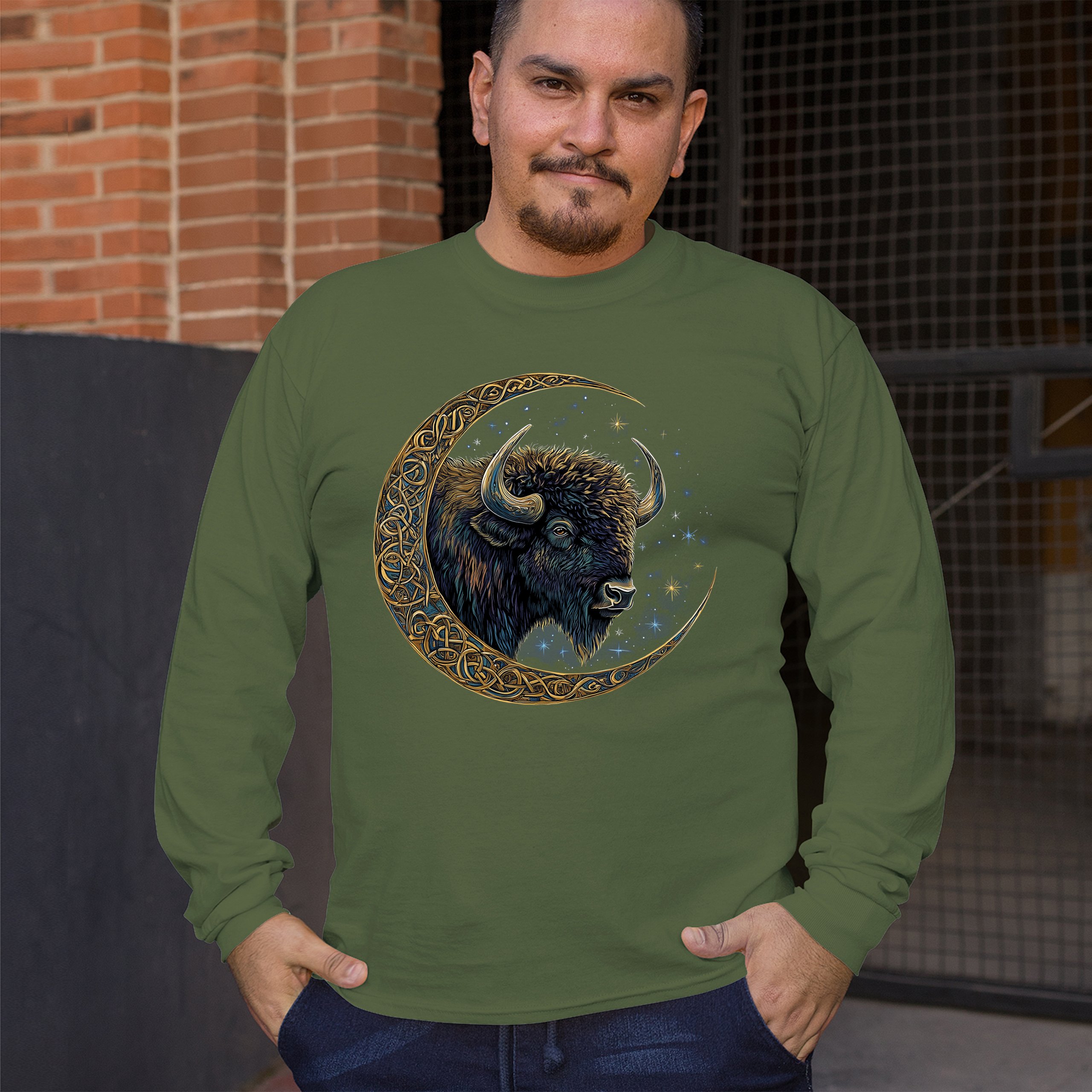 Camiseta Celta Luna Bisonte Manga Larga Bosque Místico Animal Vida Silvestre Celestial - Imagen 54 de 78