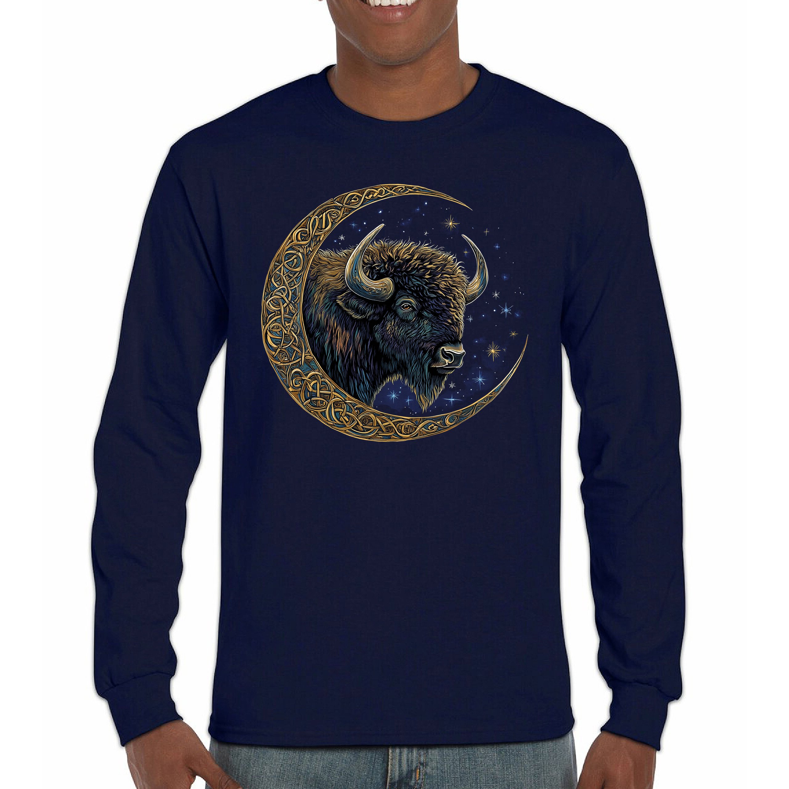 Camiseta Celta Luna Bisonte Manga Larga Bosque Místico Animal Vida Silvestre Celestial - Imagen 37 de 78