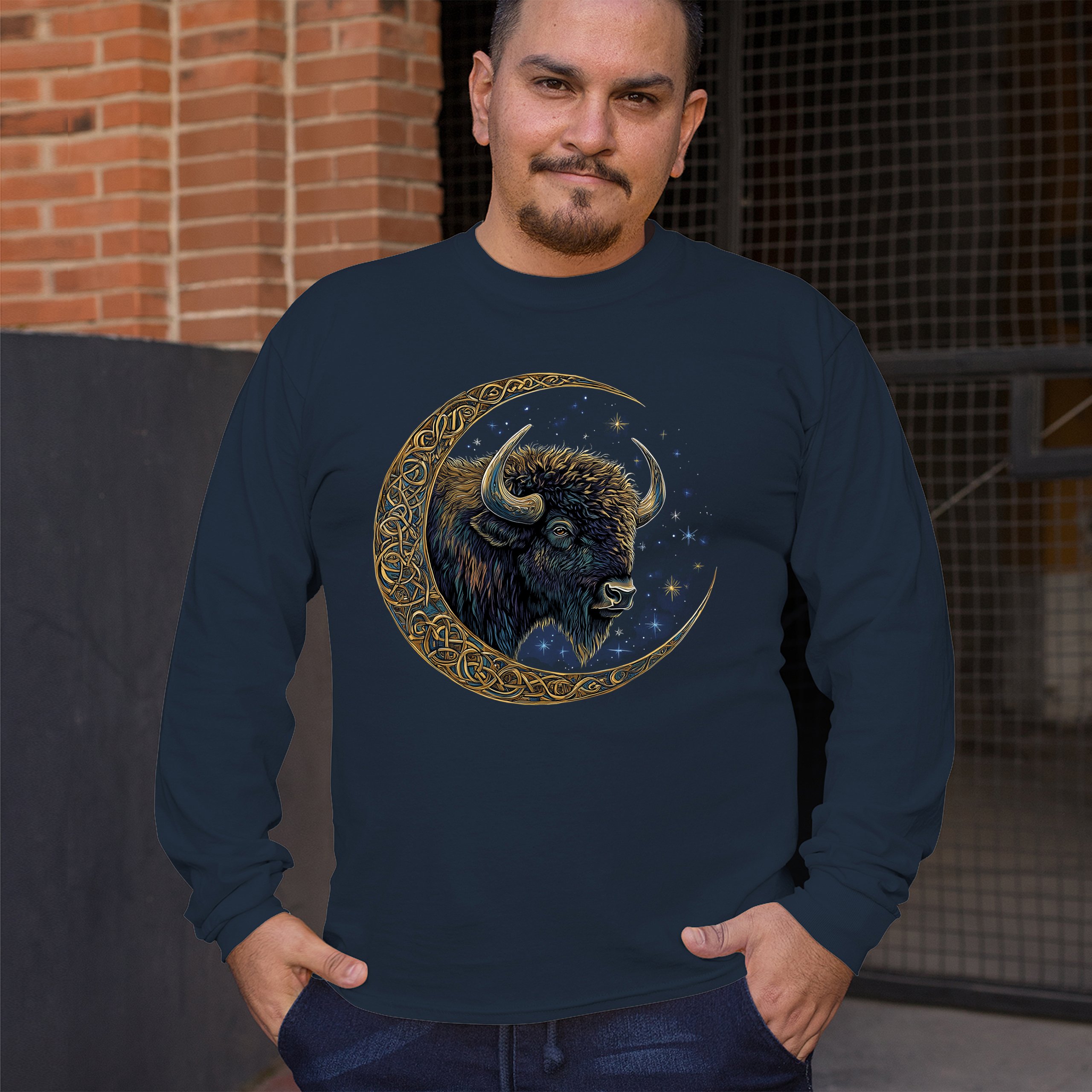 Camiseta Celta Luna Bisonte Manga Larga Bosque Místico Animal Vida Silvestre Celestial - Imagen 40 de 78
