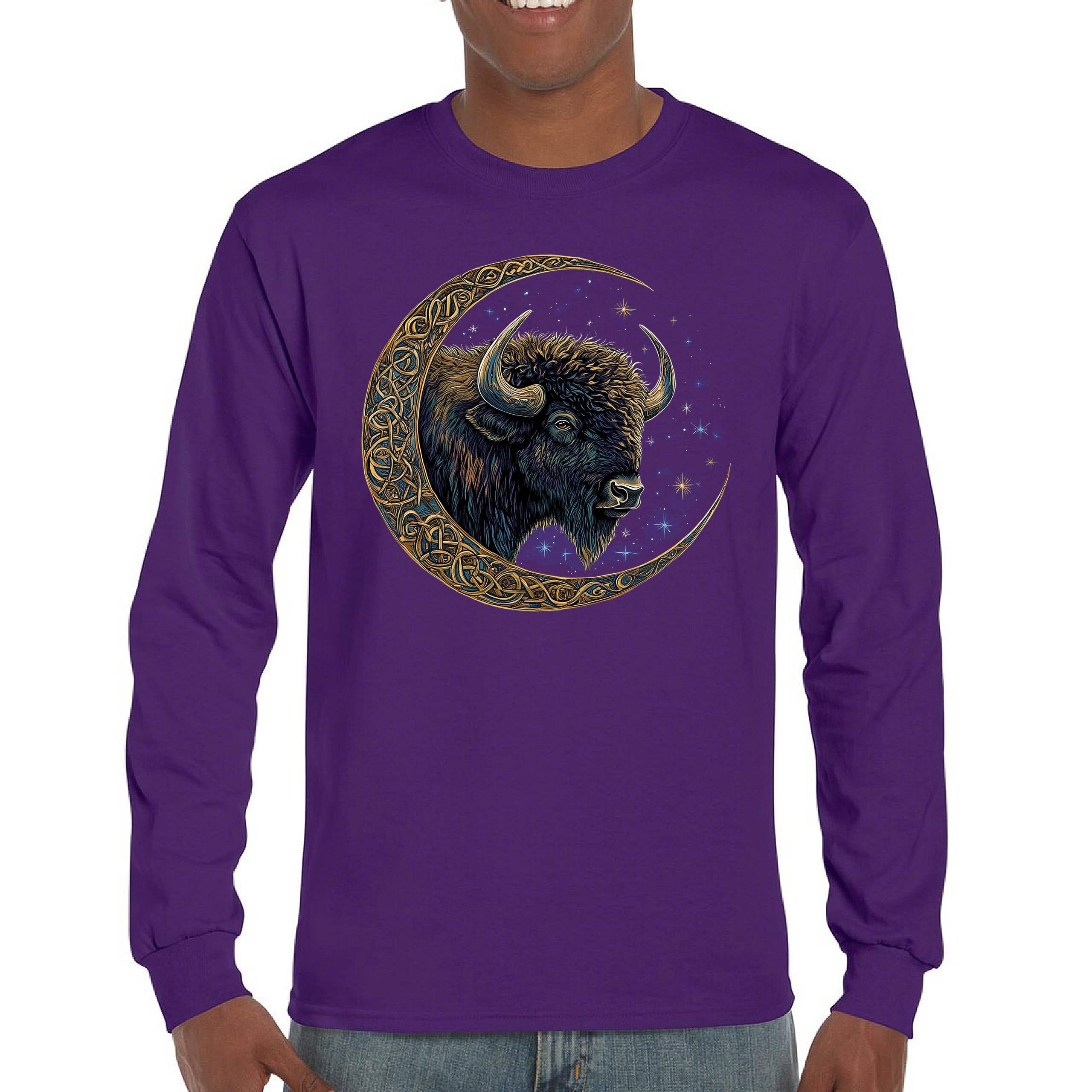 Camiseta Celta Luna Bisonte Manga Larga Bosque Místico Animal Vida Silvestre Celestial - Imagen 16 de 78