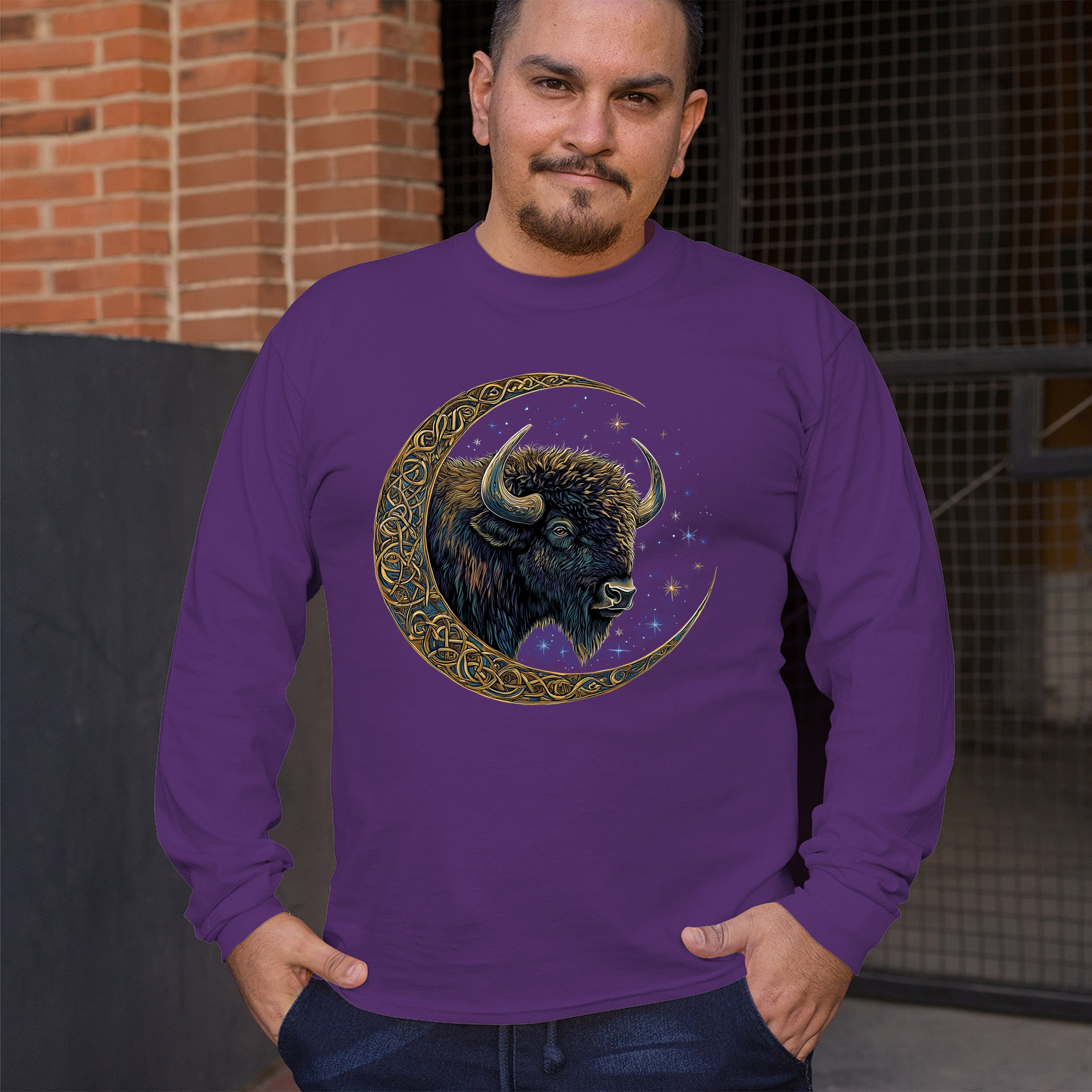 Camiseta Celta Luna Bisonte Manga Larga Bosque Místico Animal Vida Silvestre Celestial - Imagen 19 de 78
