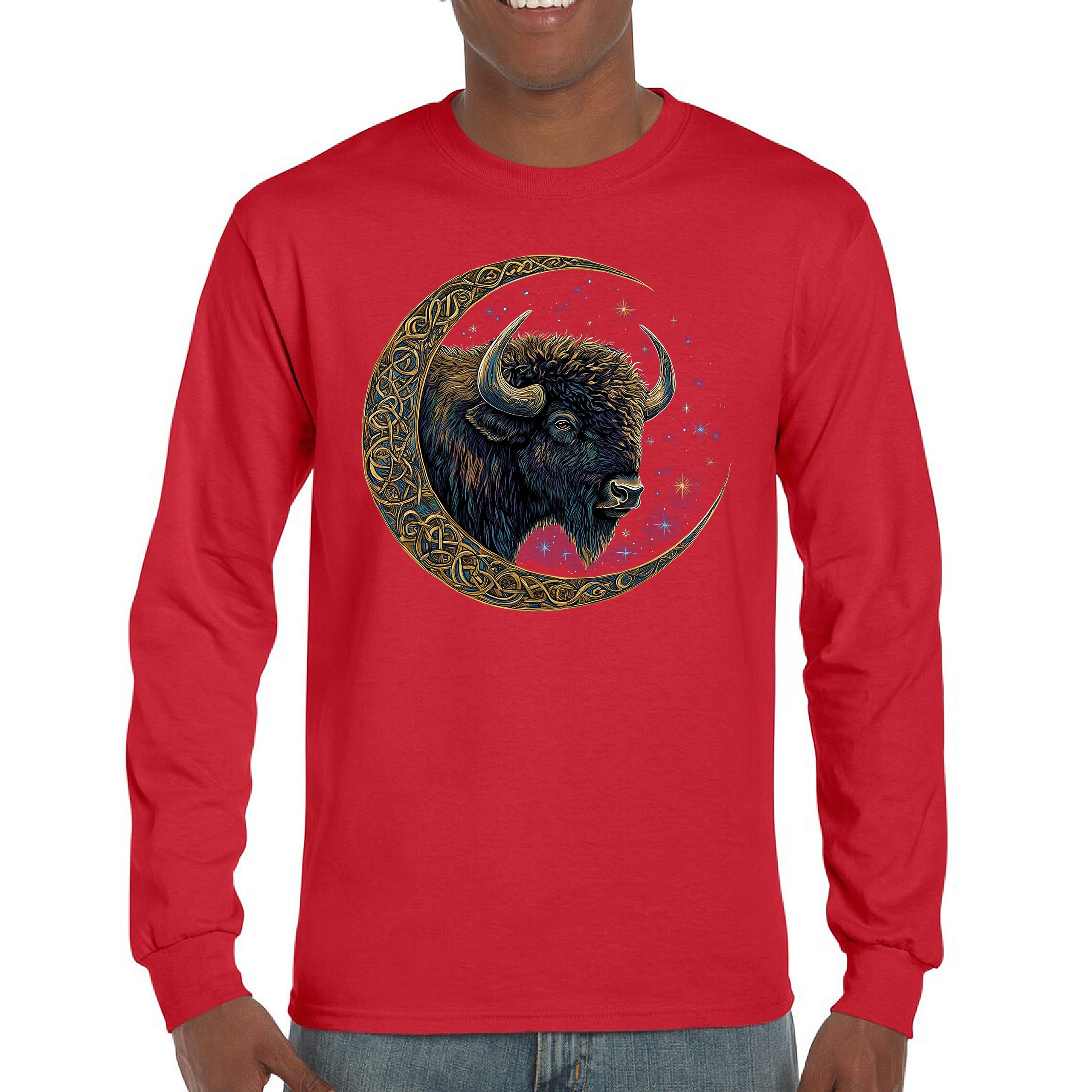 Camiseta Celta Luna Bisonte Manga Larga Bosque Místico Animal Vida Silvestre Celestial - Imagen 23 de 78