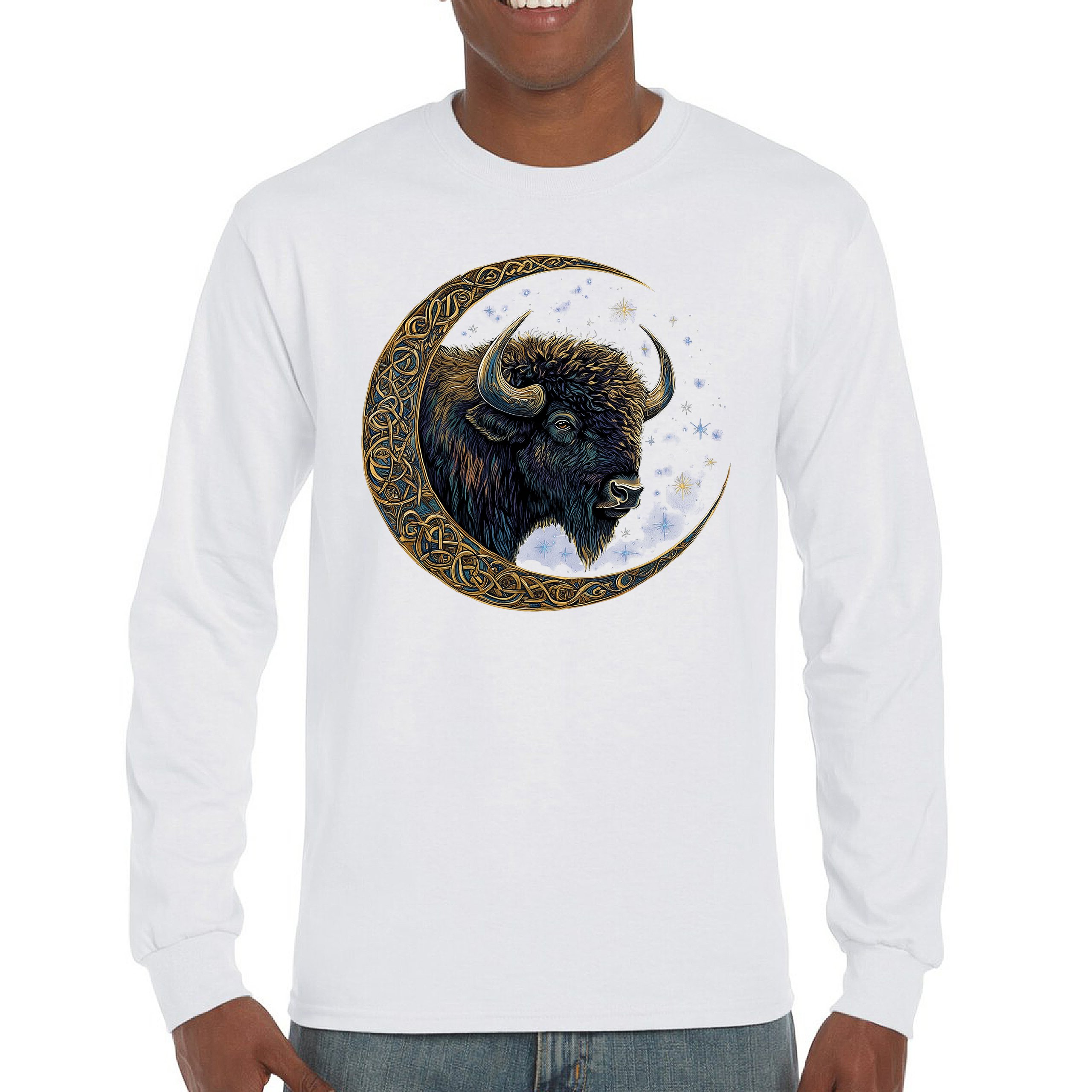 Camiseta Celta Luna Bisonte Manga Larga Bosque Místico Animal Vida Silvestre Celestial - Imagen 30 de 78