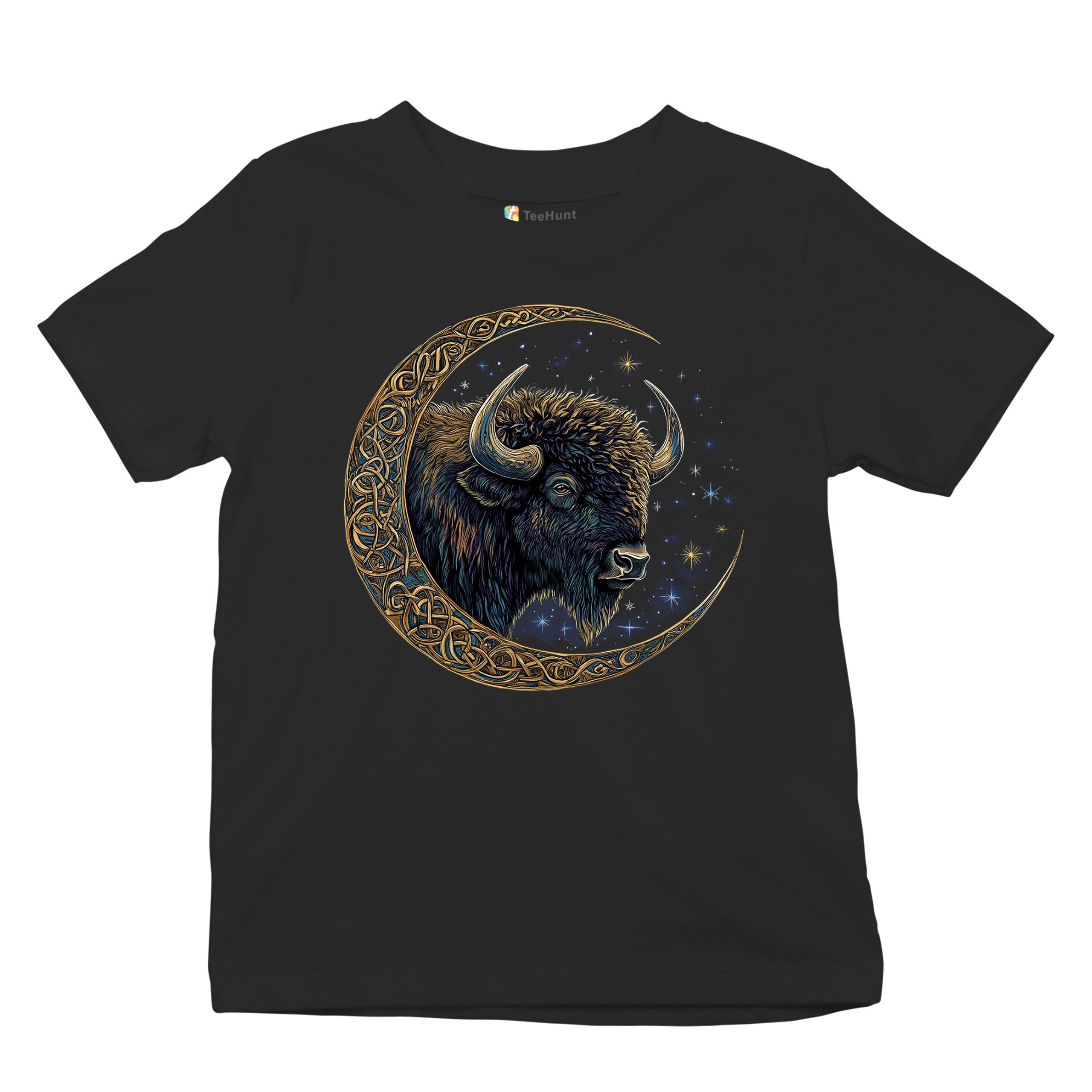 Celtic Moon Bison Youth T-shirt Mystical Forest Animal Wildlife Celestial Kids - Picture 6 of 50