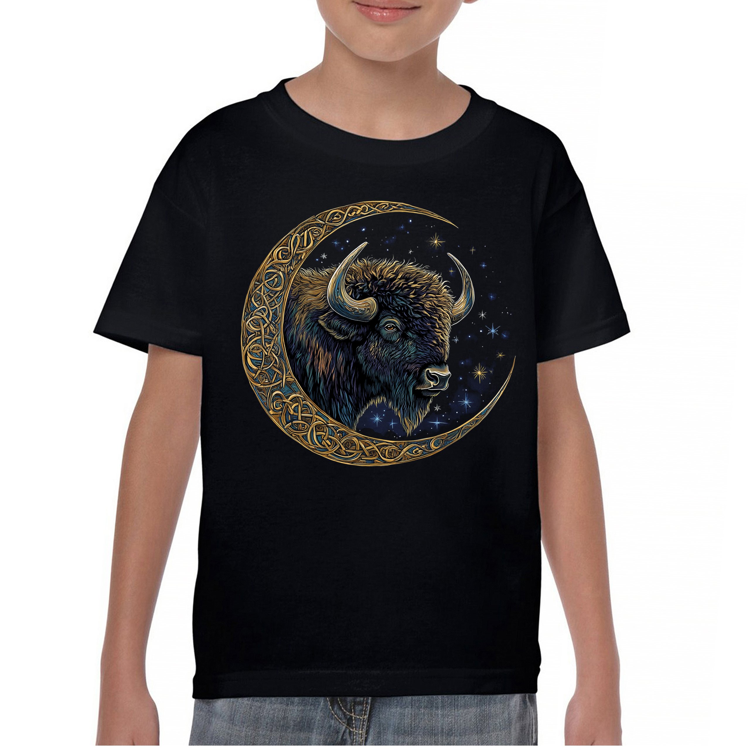 Celtic Moon Bison Youth T-shirt Mystical Forest Animal Wildlife Celestial Kids - Picture 2 of 50