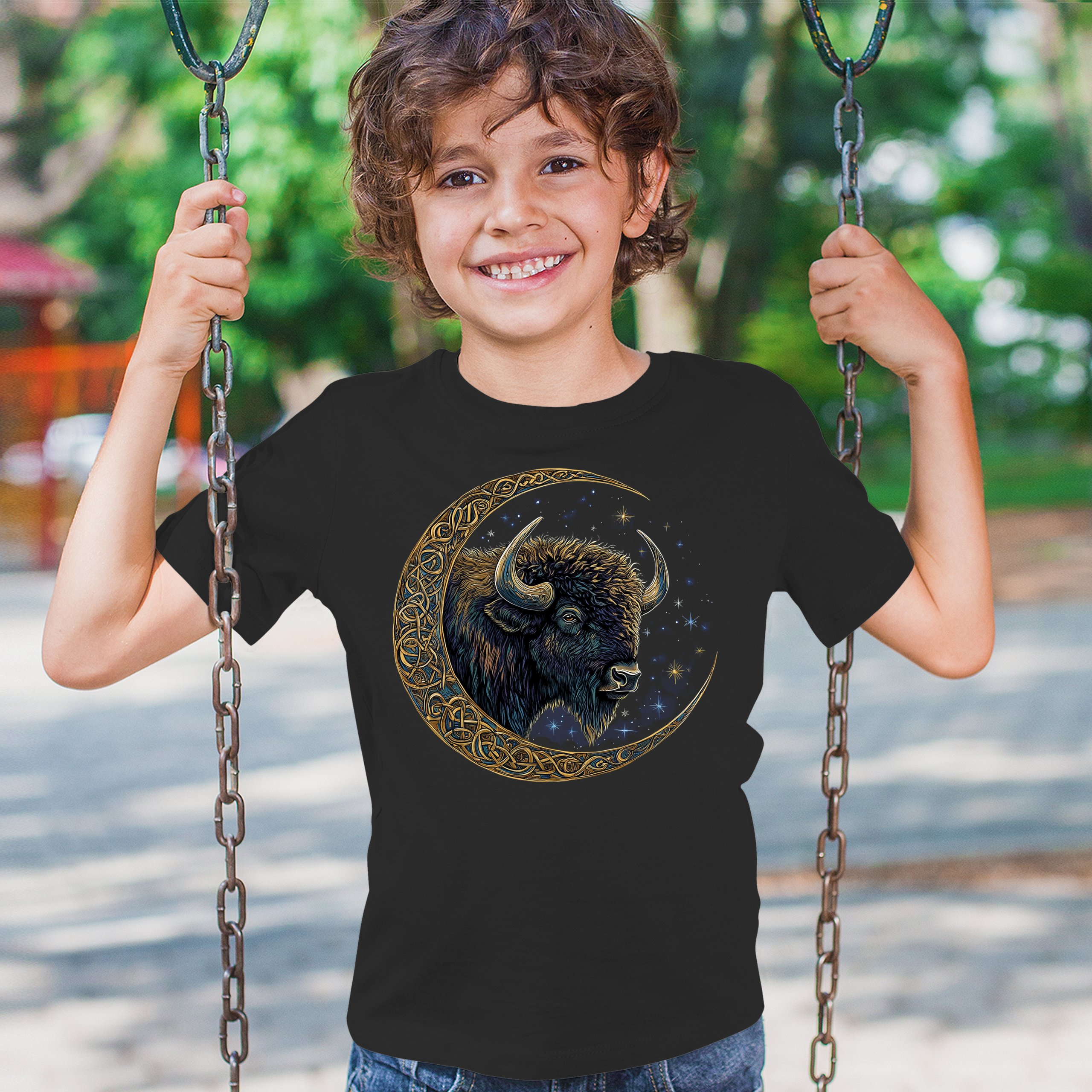 Celtic Moon Bison Youth T-shirt Mystical Forest Animal Wildlife Celestial Kids - Picture 5 of 50
