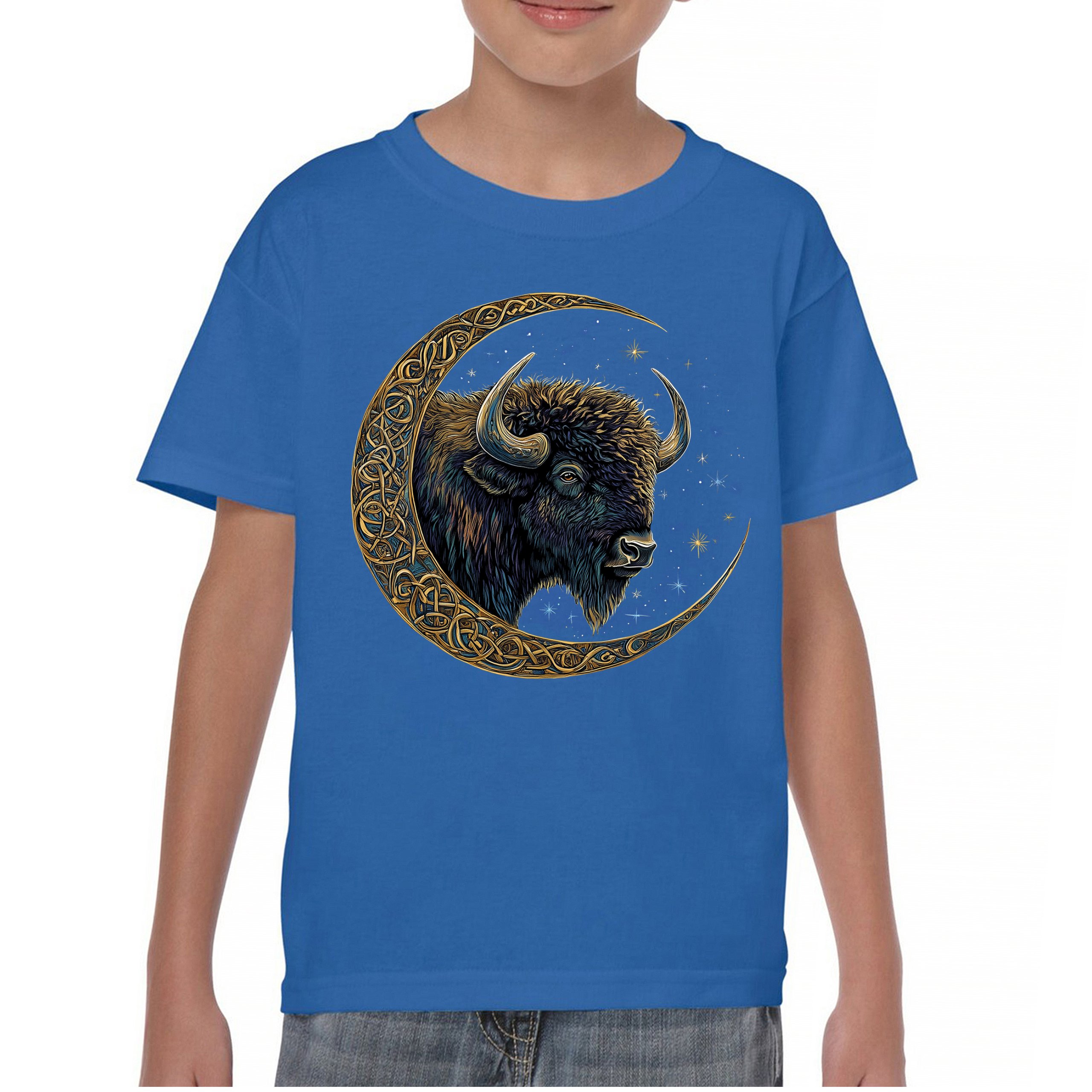 Celtic Moon Bison Youth T-shirt Mystical Forest Animal Wildlife Celestial Kids - Picture 37 of 50