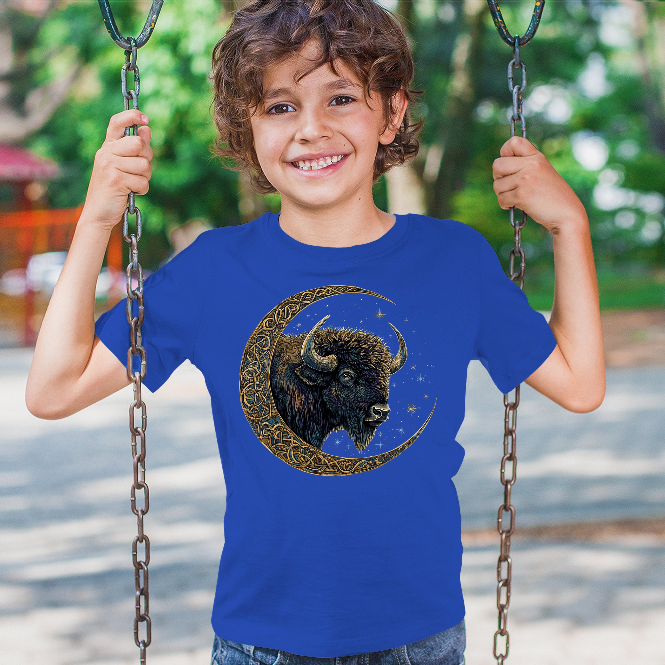 Celtic Moon Bison Youth T-shirt Mystical Forest Animal Wildlife Celestial Kids - Picture 40 of 50