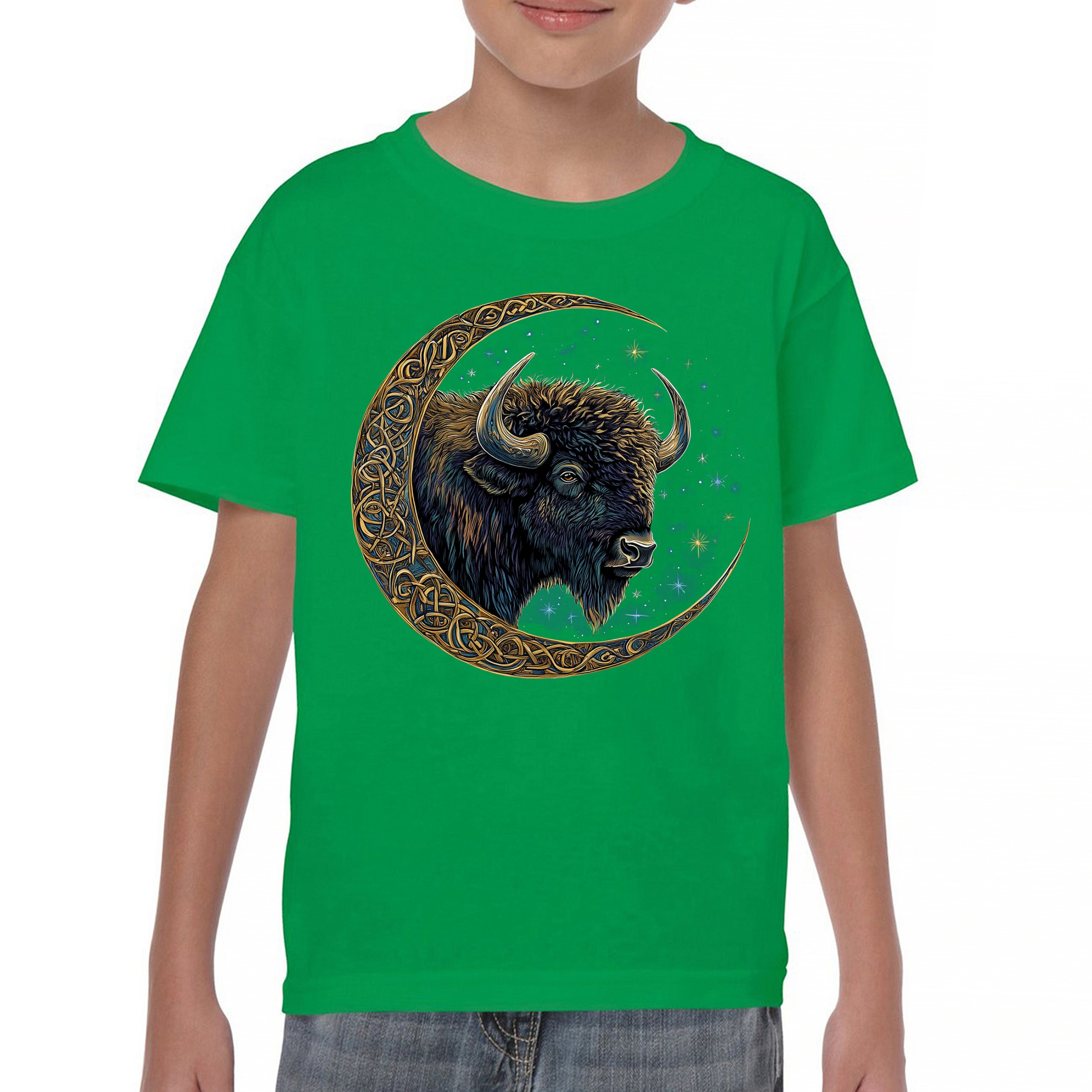 Celtic Moon Bison Youth T-shirt Mystical Forest Animal Wildlife Celestial Kids - Picture 30 of 50