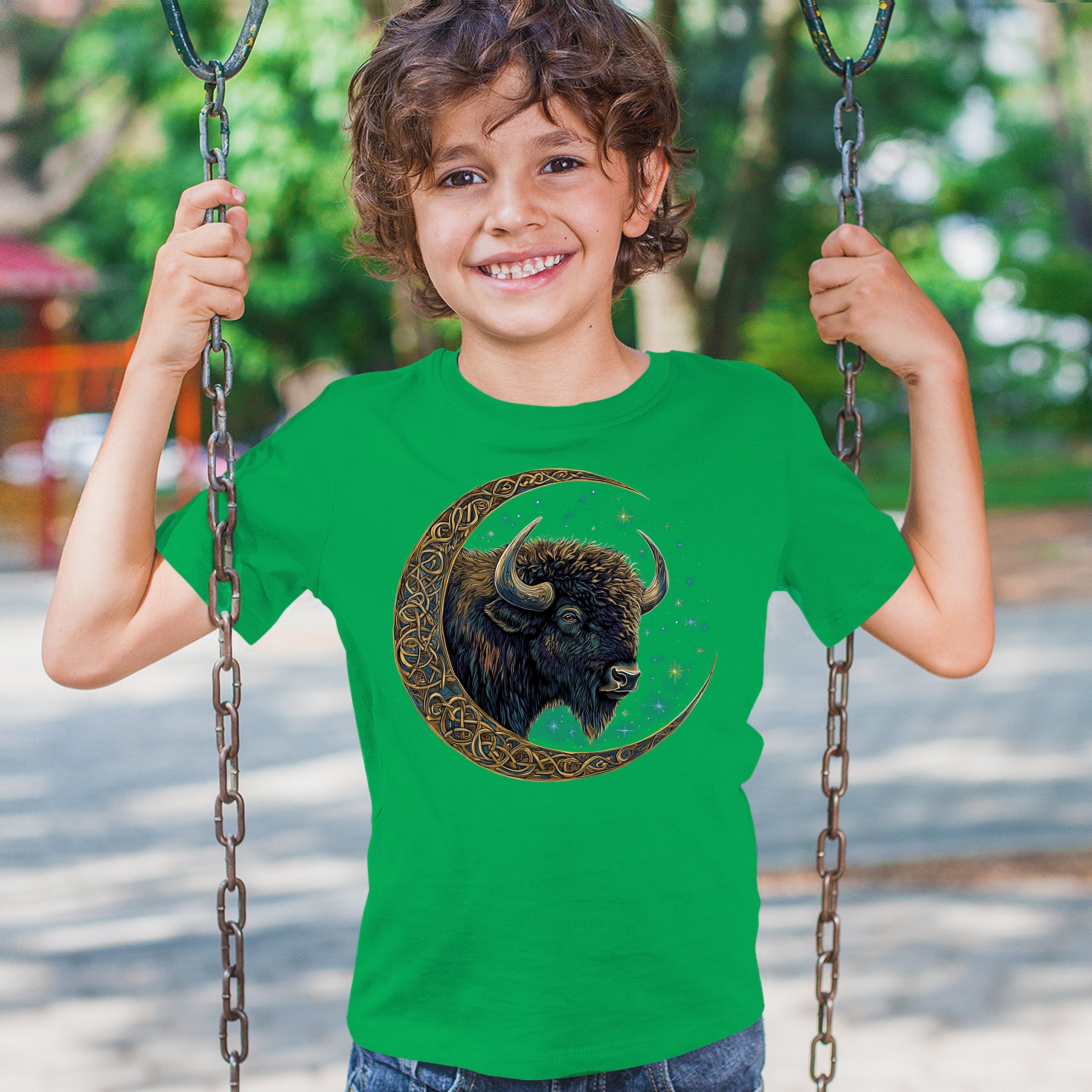 Celtic Moon Bison Youth T-shirt Mystical Forest Animal Wildlife Celestial Kids - Picture 33 of 50