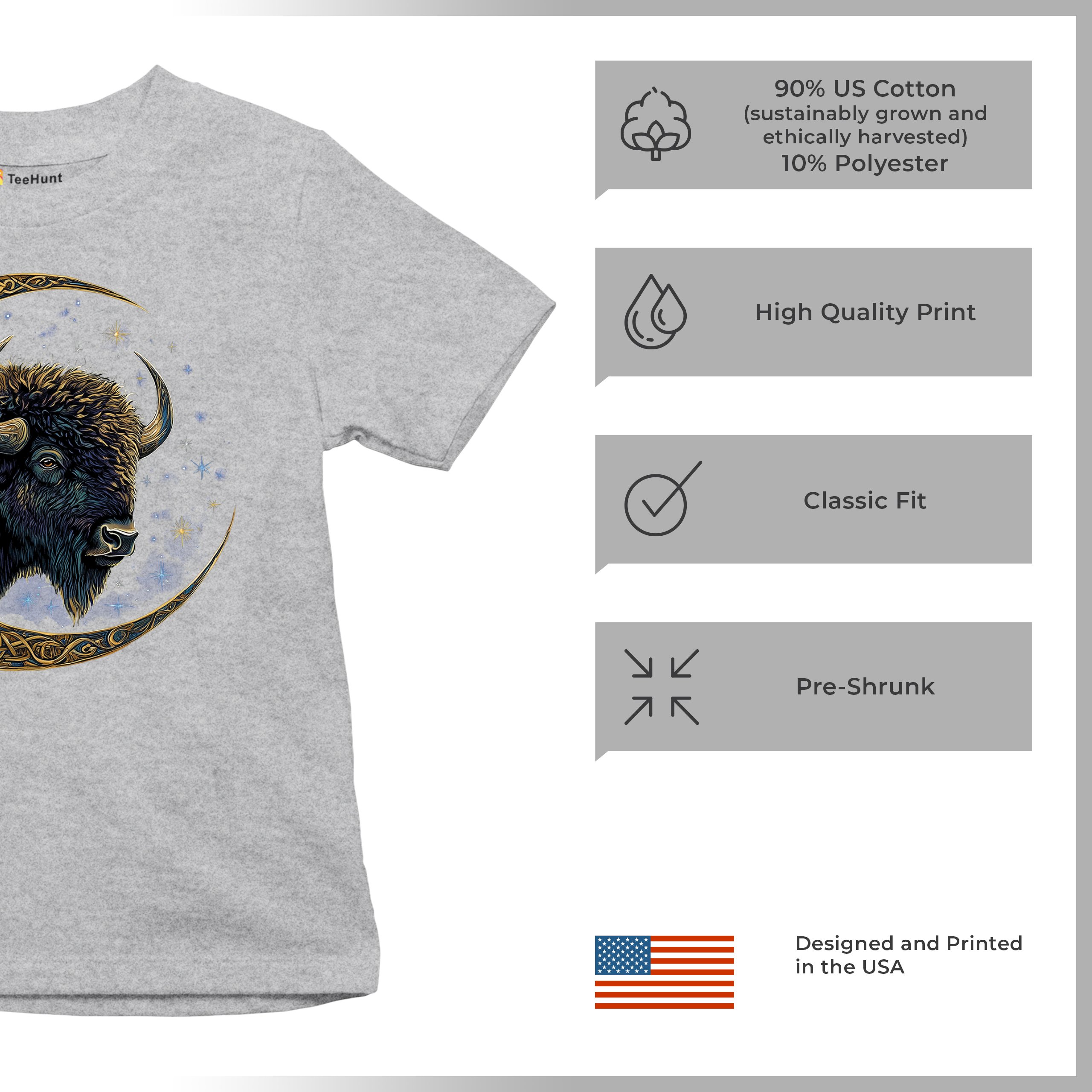 Celtic Moon Bison Youth T-shirt Mystical Forest Animal Wildlife Celestial Kids - Picture 14 of 50