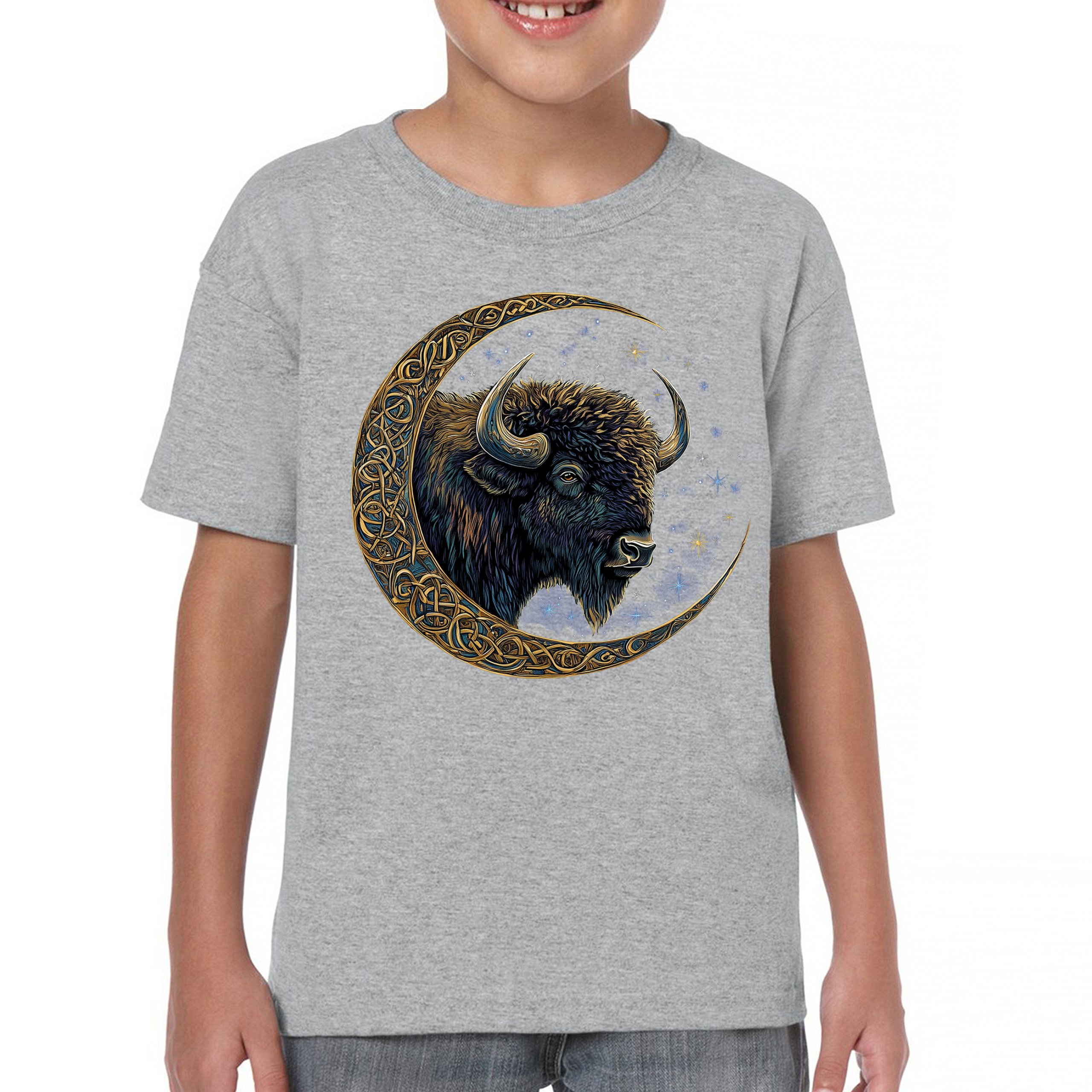 Celtic Moon Bison Youth T-shirt Mystical Forest Animal Wildlife Celestial Kids - Picture 9 of 50