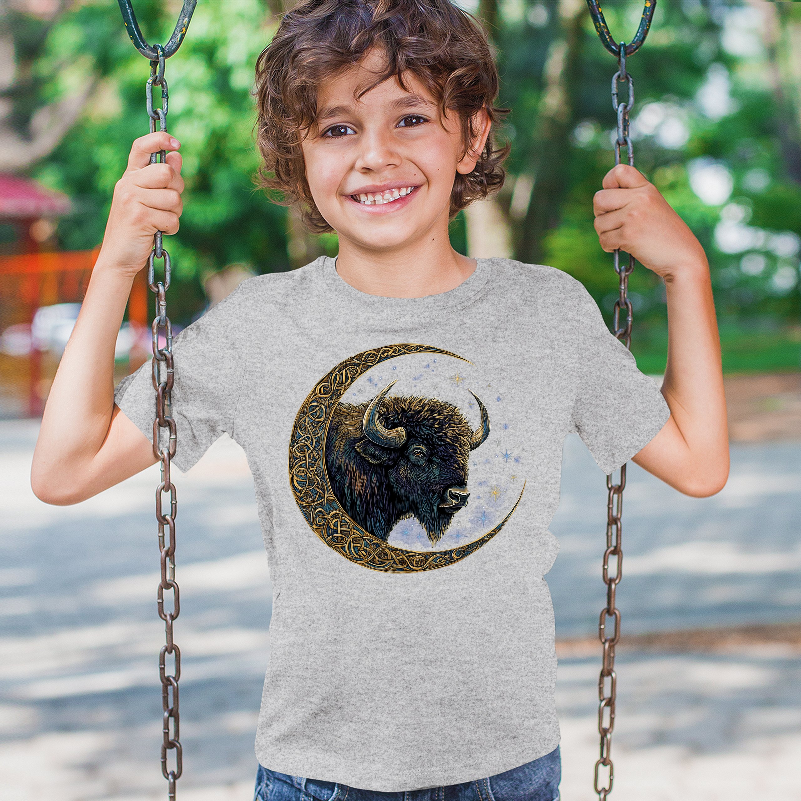 Celtic Moon Bison Youth T-shirt Mystical Forest Animal Wildlife Celestial Kids - Picture 12 of 50