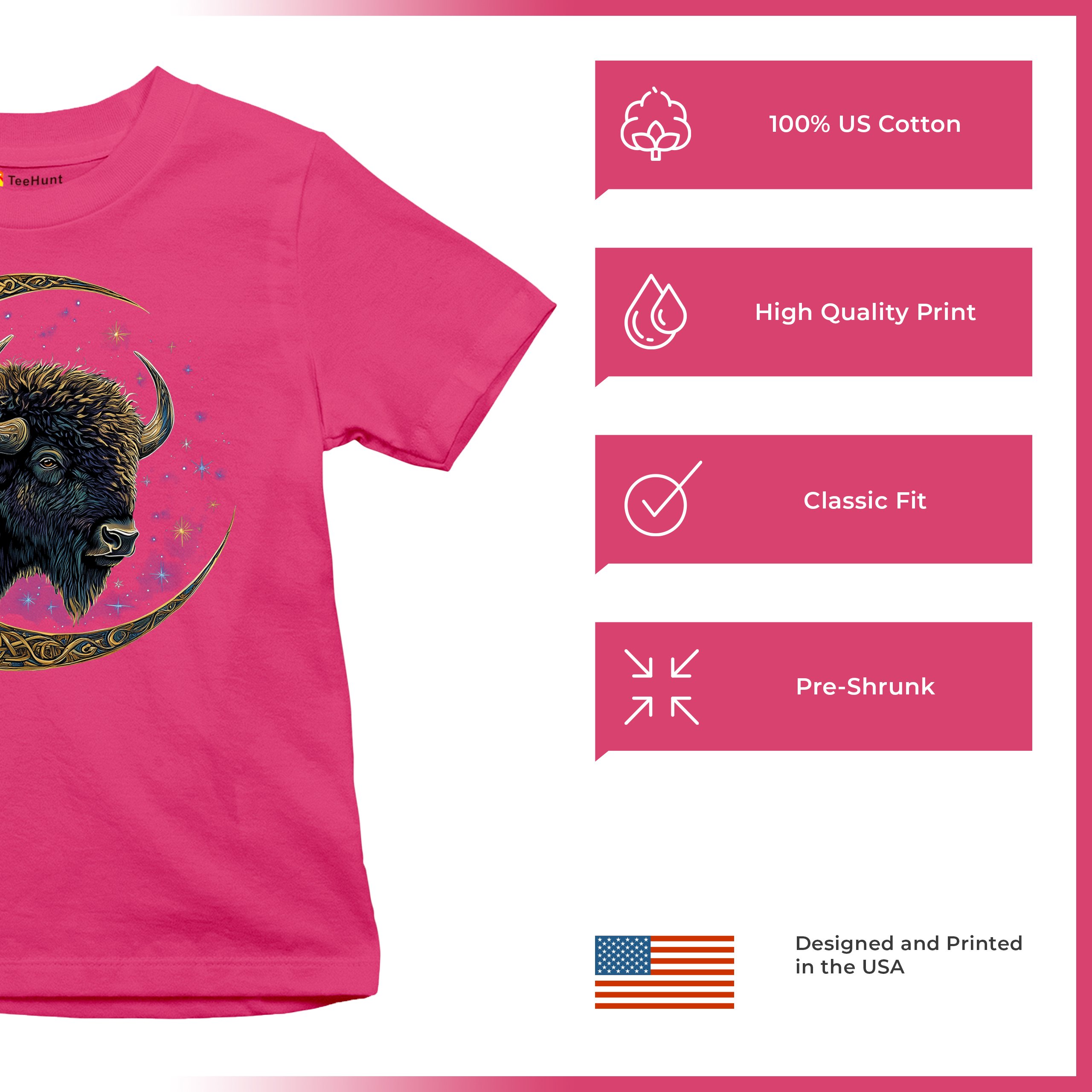 Celtic Moon Bison Youth T-shirt Mystical Forest Animal Wildlife Celestial Kids - Picture 49 of 50