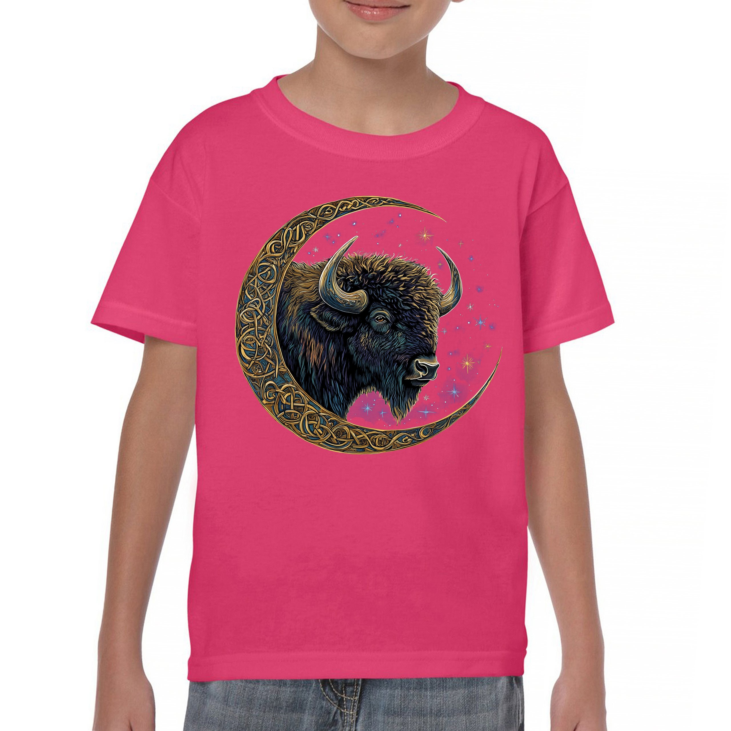 Celtic Moon Bison Youth T-shirt Mystical Forest Animal Wildlife Celestial Kids - Picture 44 of 50