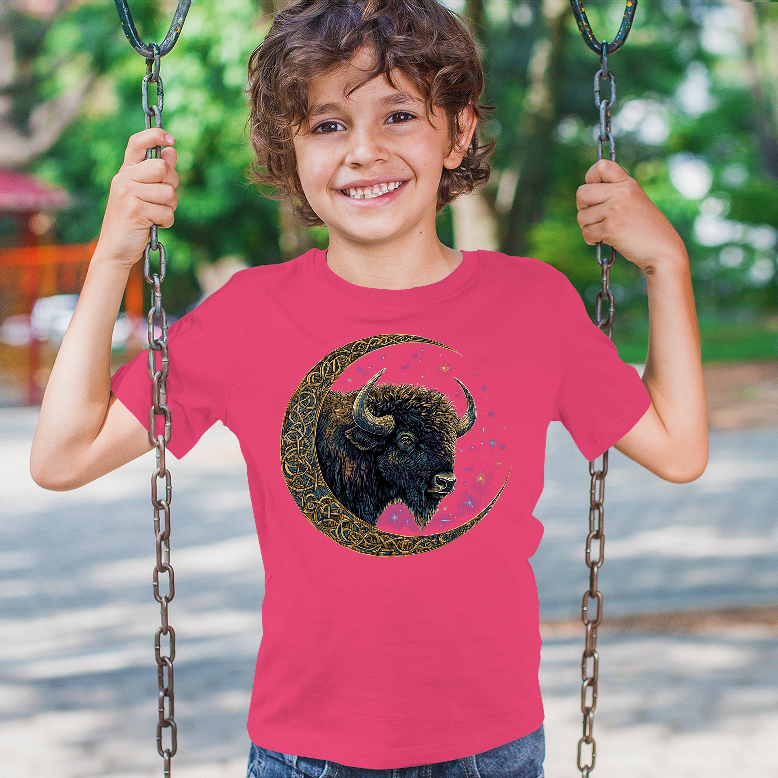 Celtic Moon Bison Youth T-shirt Mystical Forest Animal Wildlife Celestial Kids - Picture 47 of 50