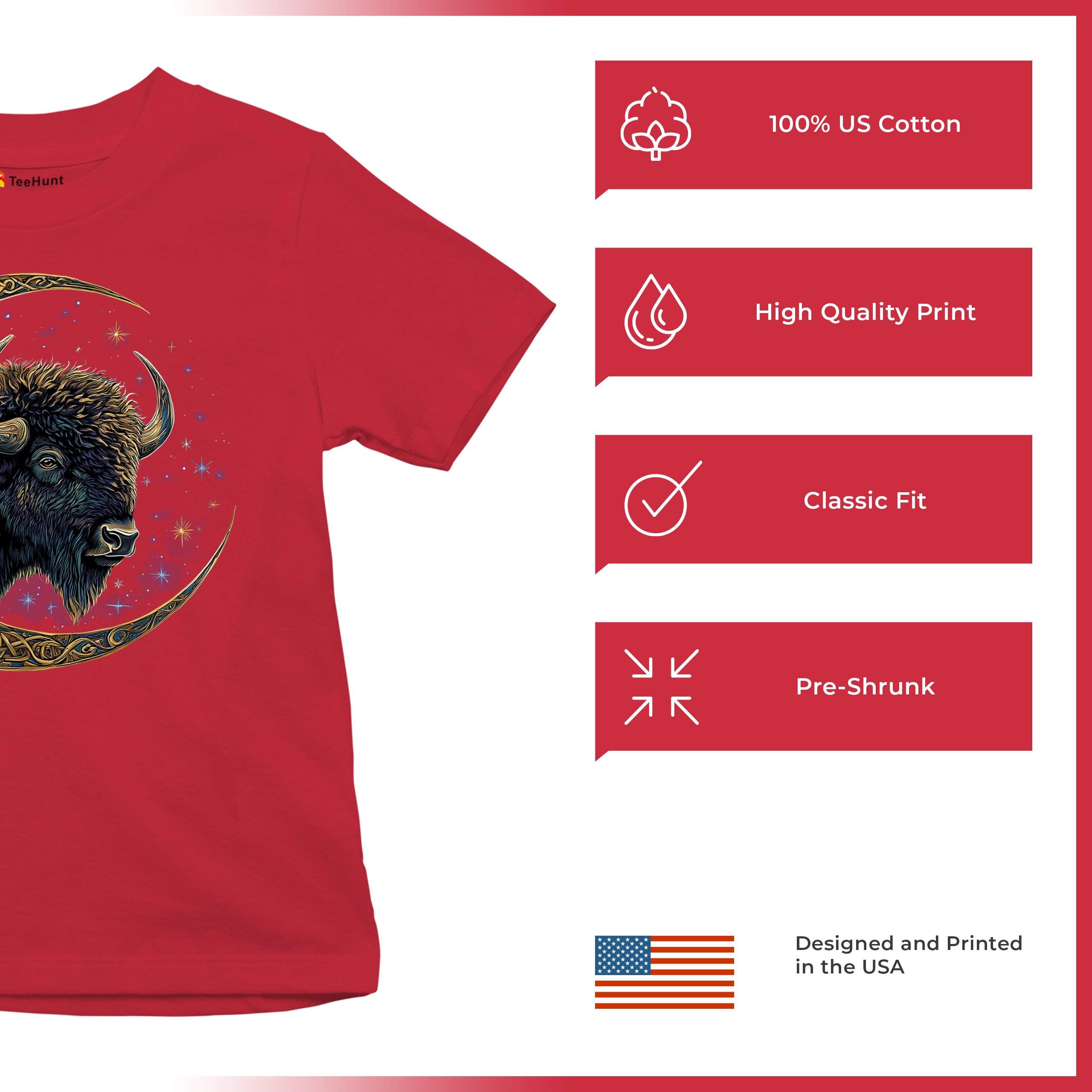 Celtic Moon Bison Youth T-shirt Mystical Forest Animal Wildlife Celestial Kids - Picture 21 of 50
