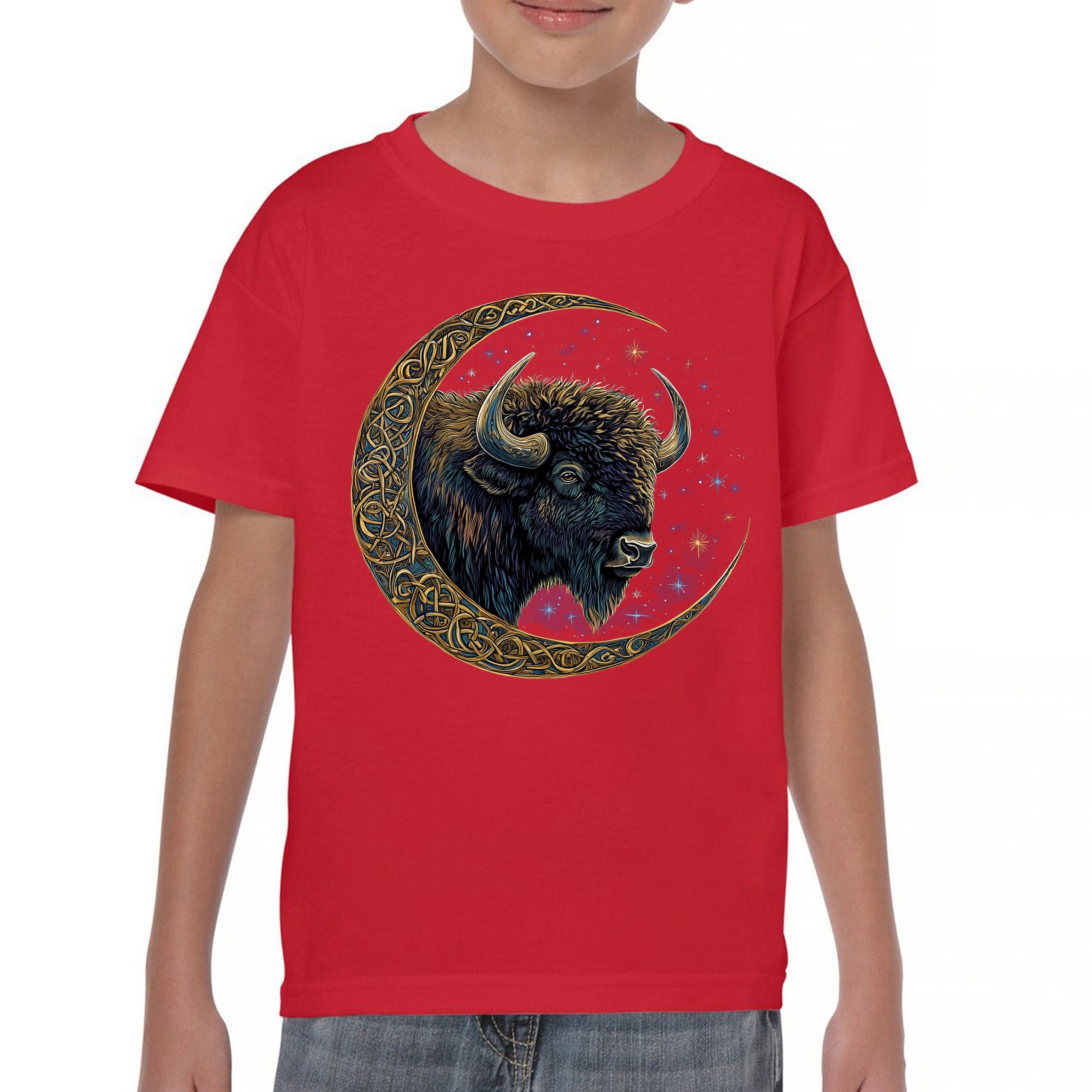 Celtic Moon Bison Youth T-shirt Mystical Forest Animal Wildlife Celestial Kids - Picture 16 of 50