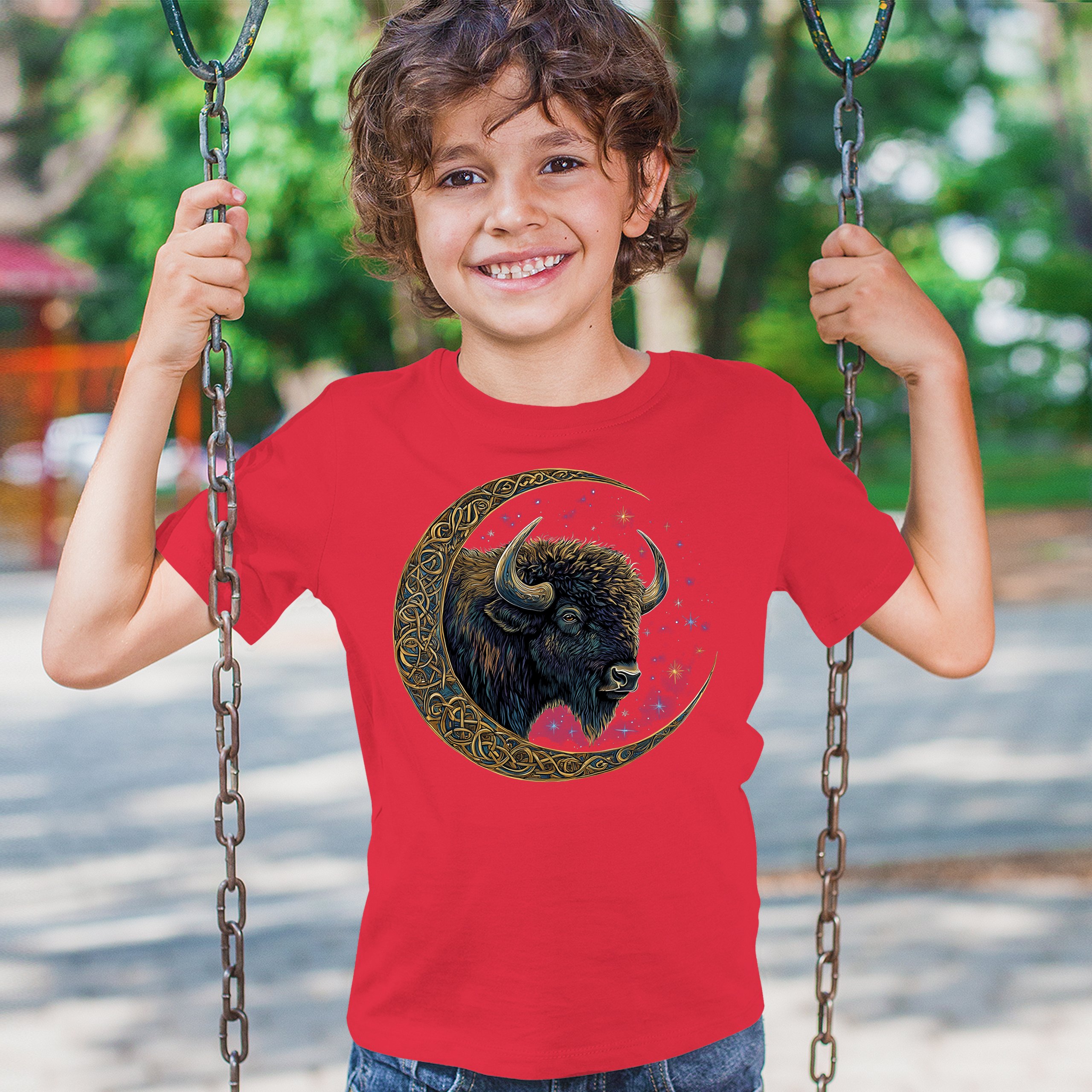 Celtic Moon Bison Youth T-shirt Mystical Forest Animal Wildlife Celestial Kids - Picture 19 of 50