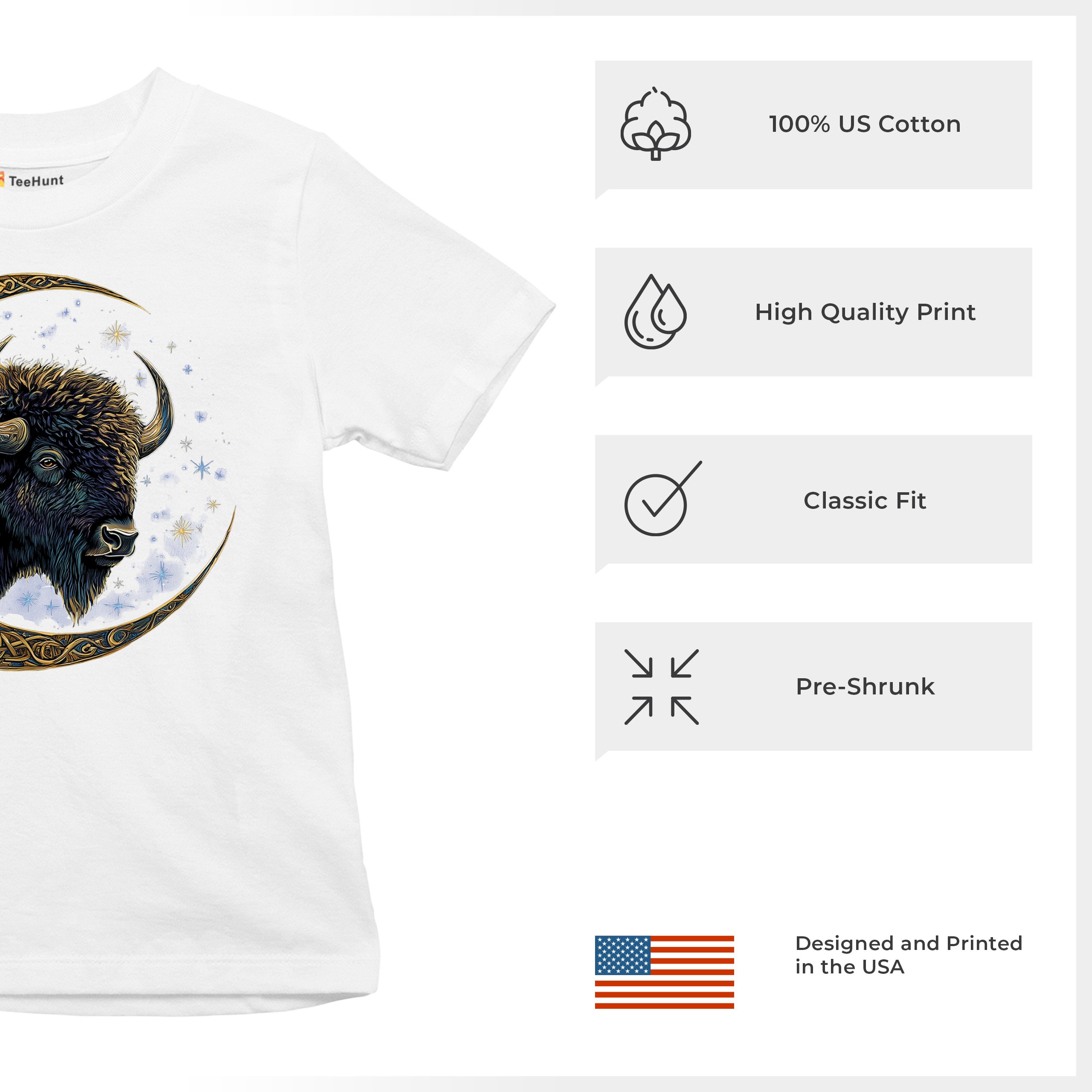Celtic Moon Bison Youth T-shirt Mystical Forest Animal Wildlife Celestial Kids - Picture 28 of 50
