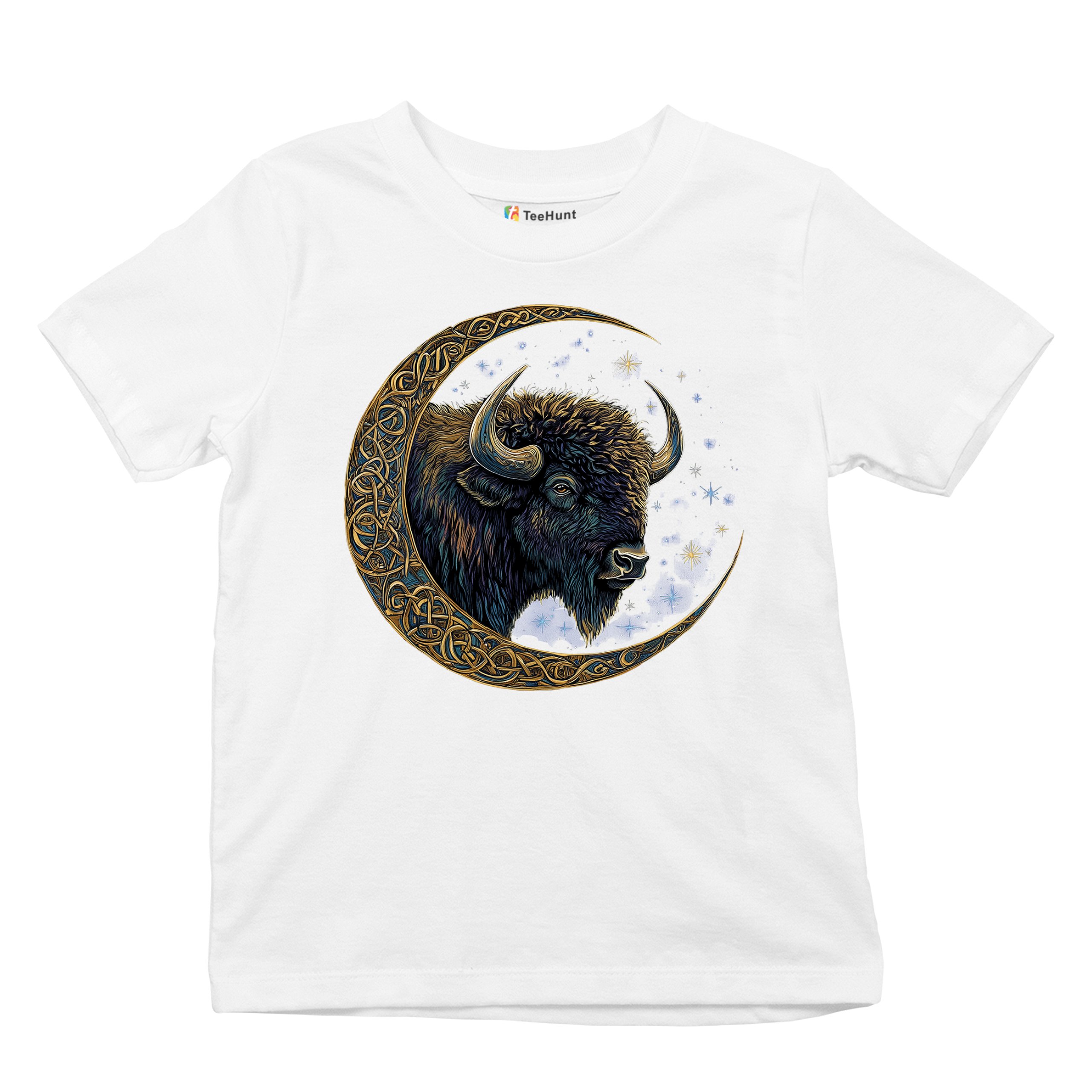 Celtic Moon Bison Youth T-shirt Mystical Forest Animal Wildlife Celestial Kids - Picture 27 of 50