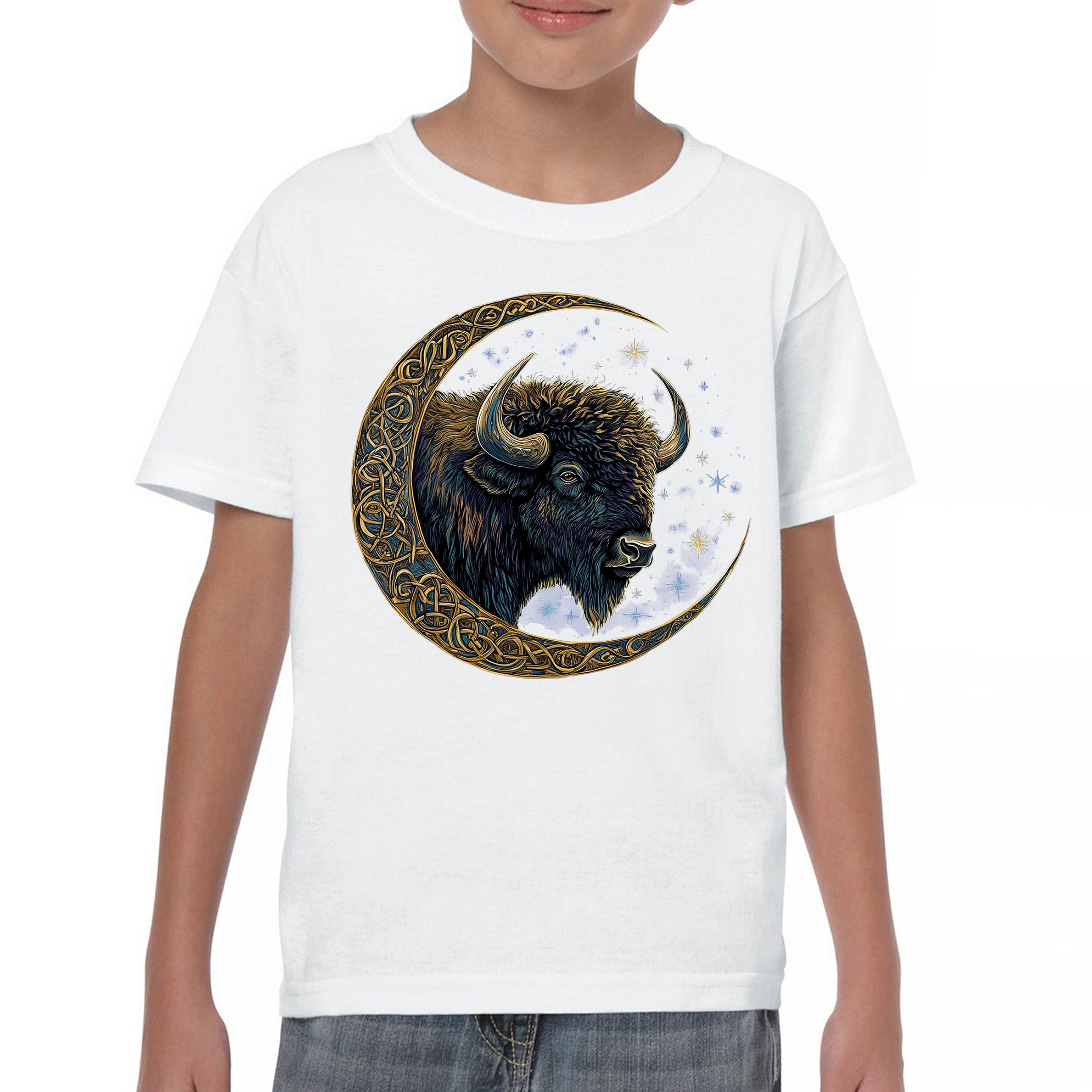 Celtic Moon Bison Youth T-shirt Mystical Forest Animal Wildlife Celestial Kids - Picture 23 of 50