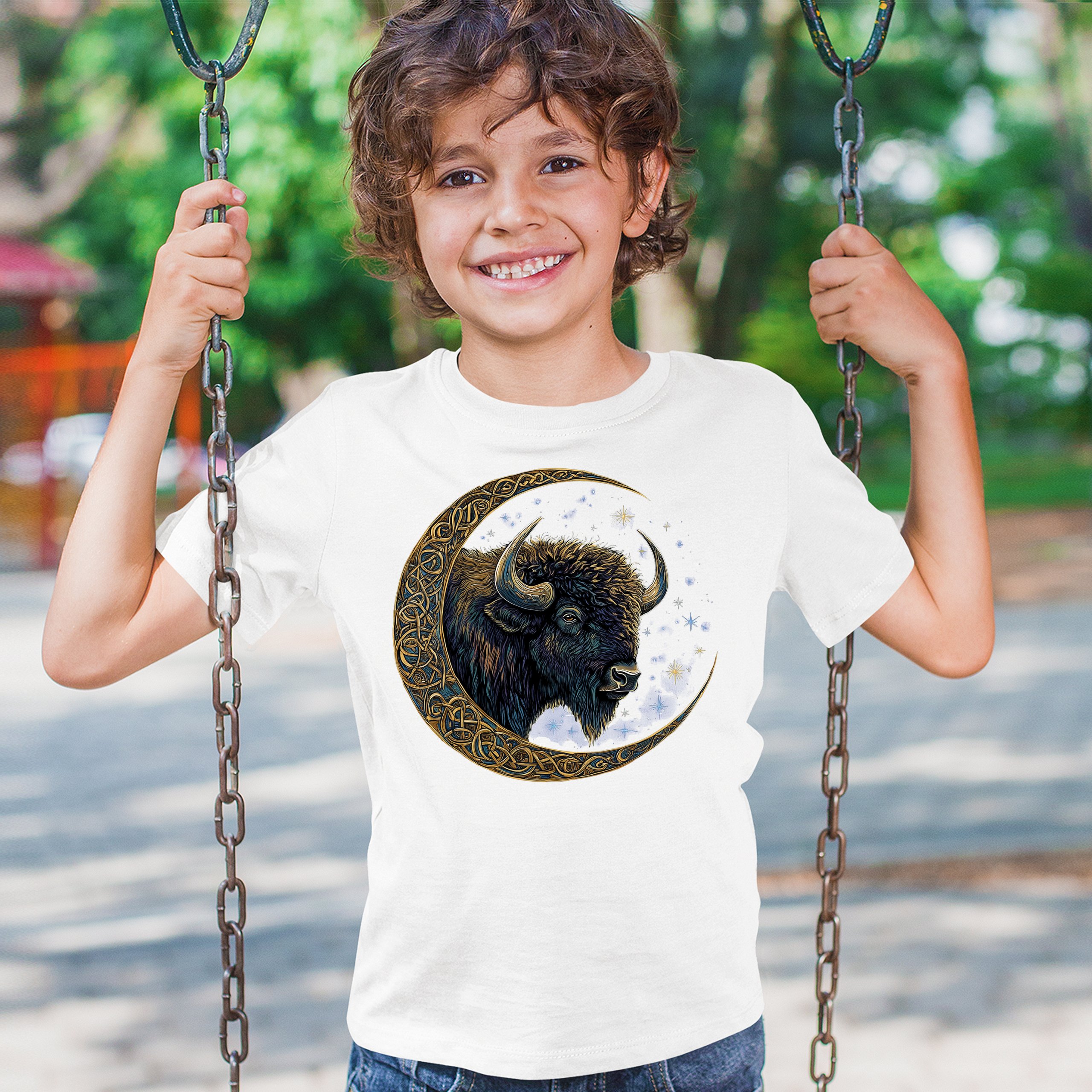 Celtic Moon Bison Youth T-shirt Mystical Forest Animal Wildlife Celestial Kids - Picture 26 of 50