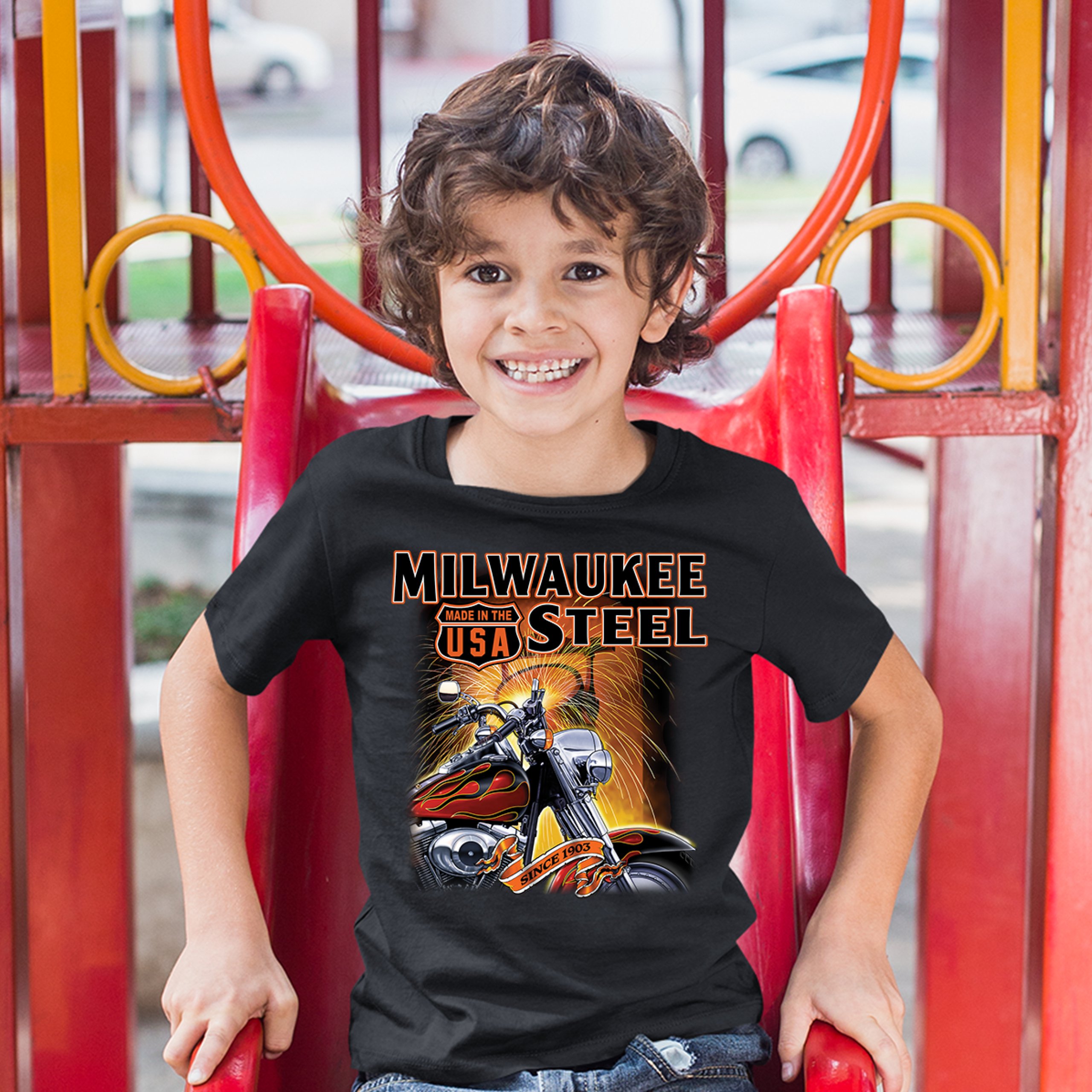 Milwaukee Steel Youth T-shirt Route 66 Motorcycle Chopper Bobber Biker Kids - Picture 5 of 29