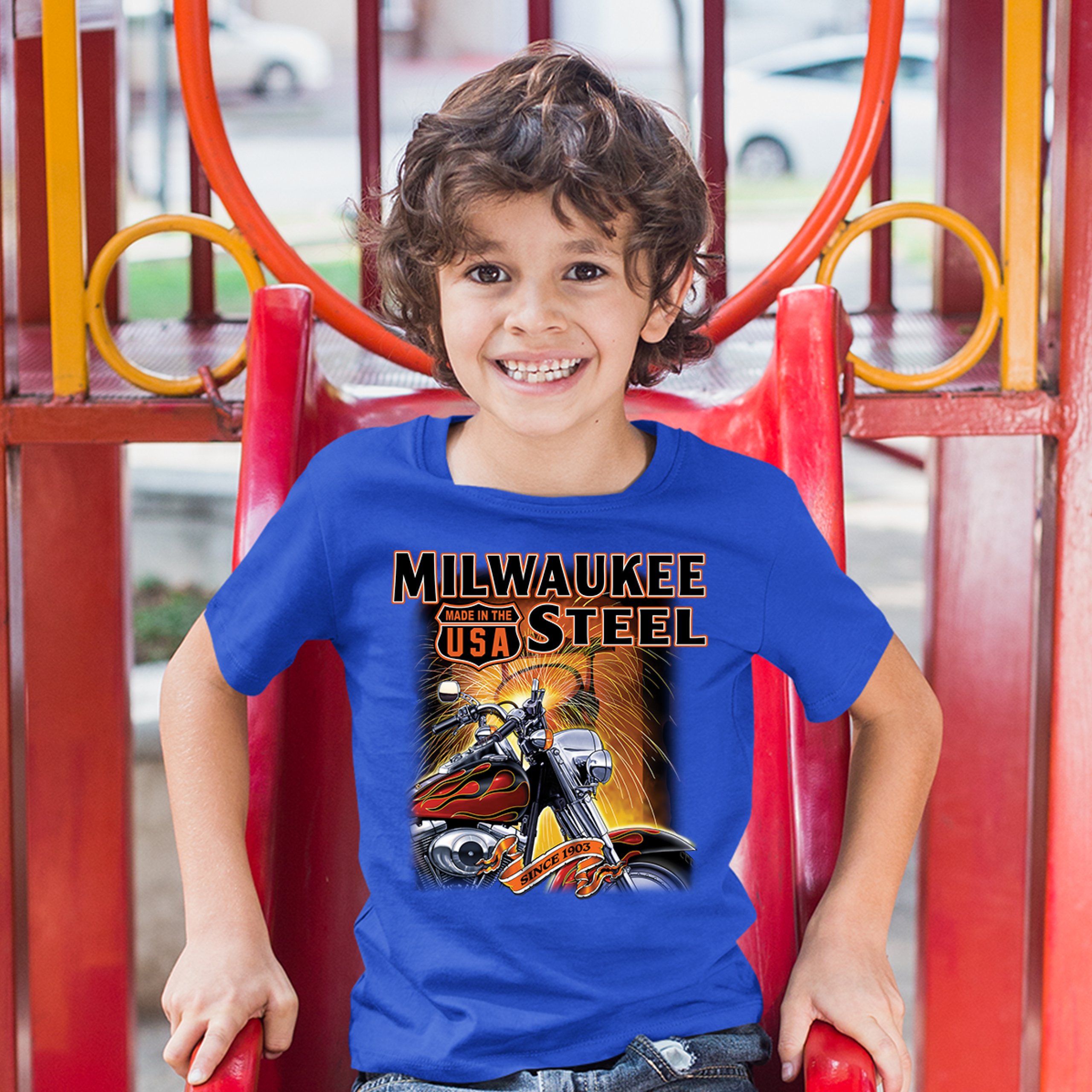 Milwaukee Steel Youth T-shirt Route 66 Motorcycle Chopper Bobber Biker Kids - Picture 25 of 29