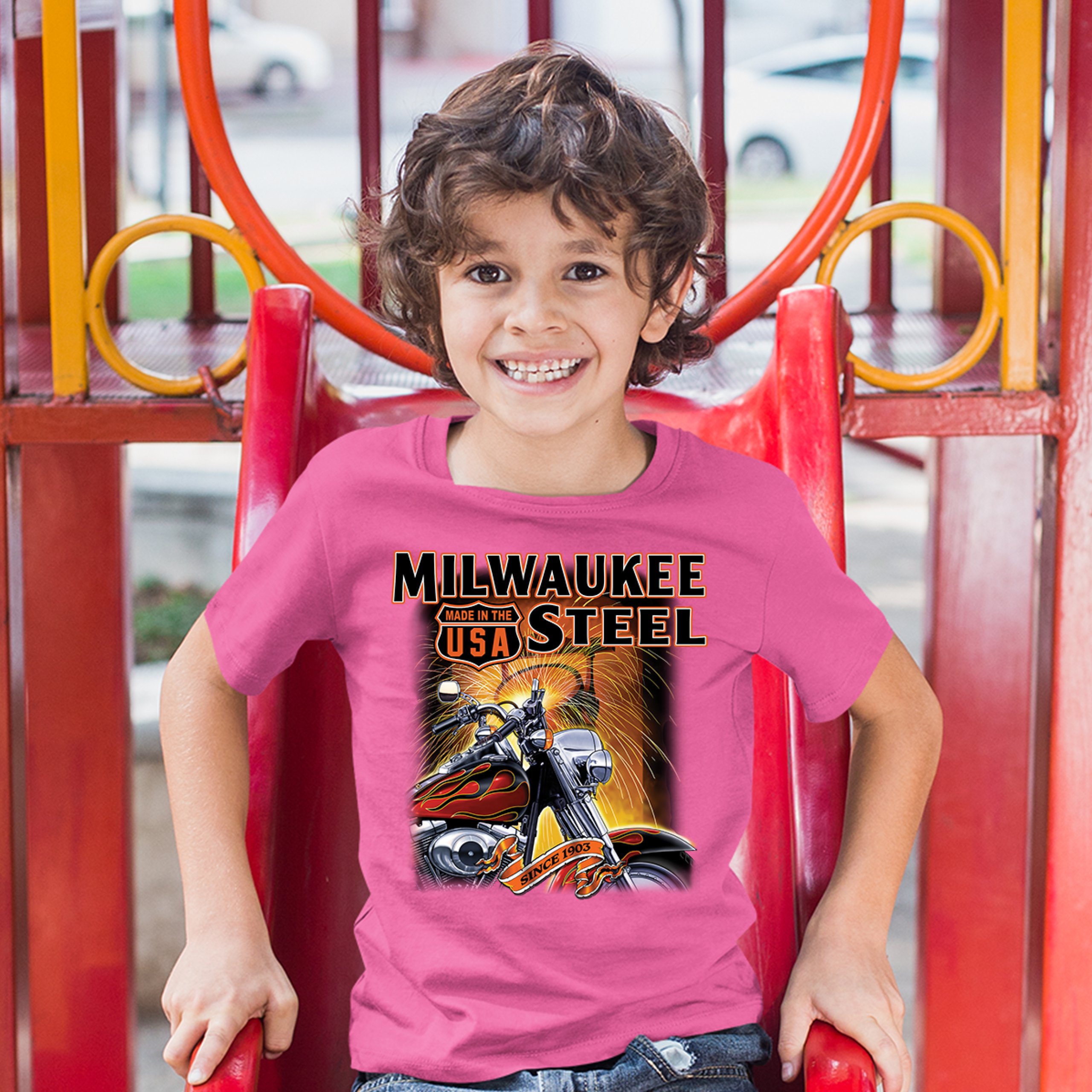 Milwaukee Steel Youth T-shirt Route 66 Motorcycle Chopper Bobber Biker Kids - Picture 29 of 29