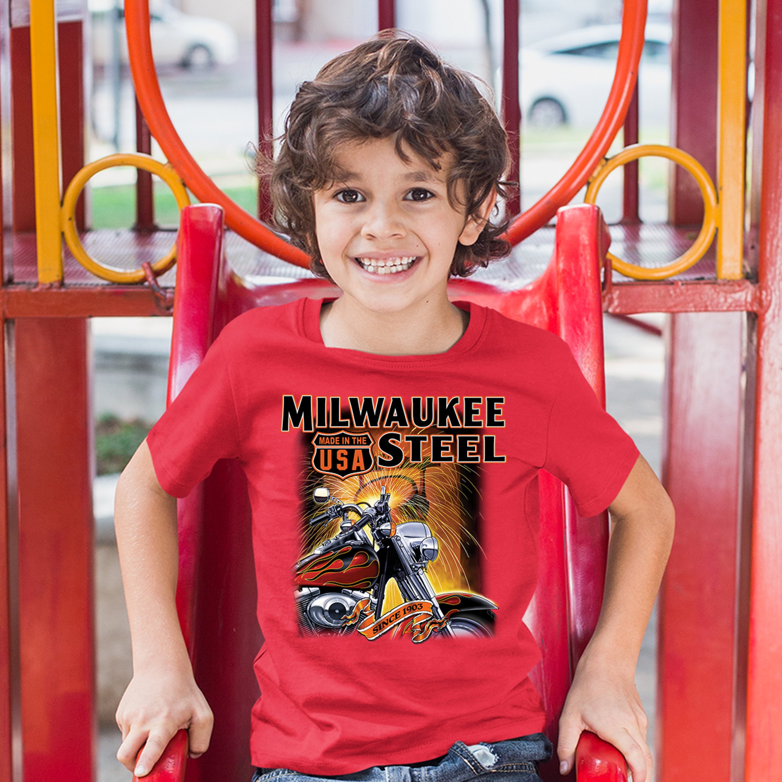 Milwaukee Steel Youth T-shirt Route 66 Motorcycle Chopper Bobber Biker Kids - Picture 13 of 29