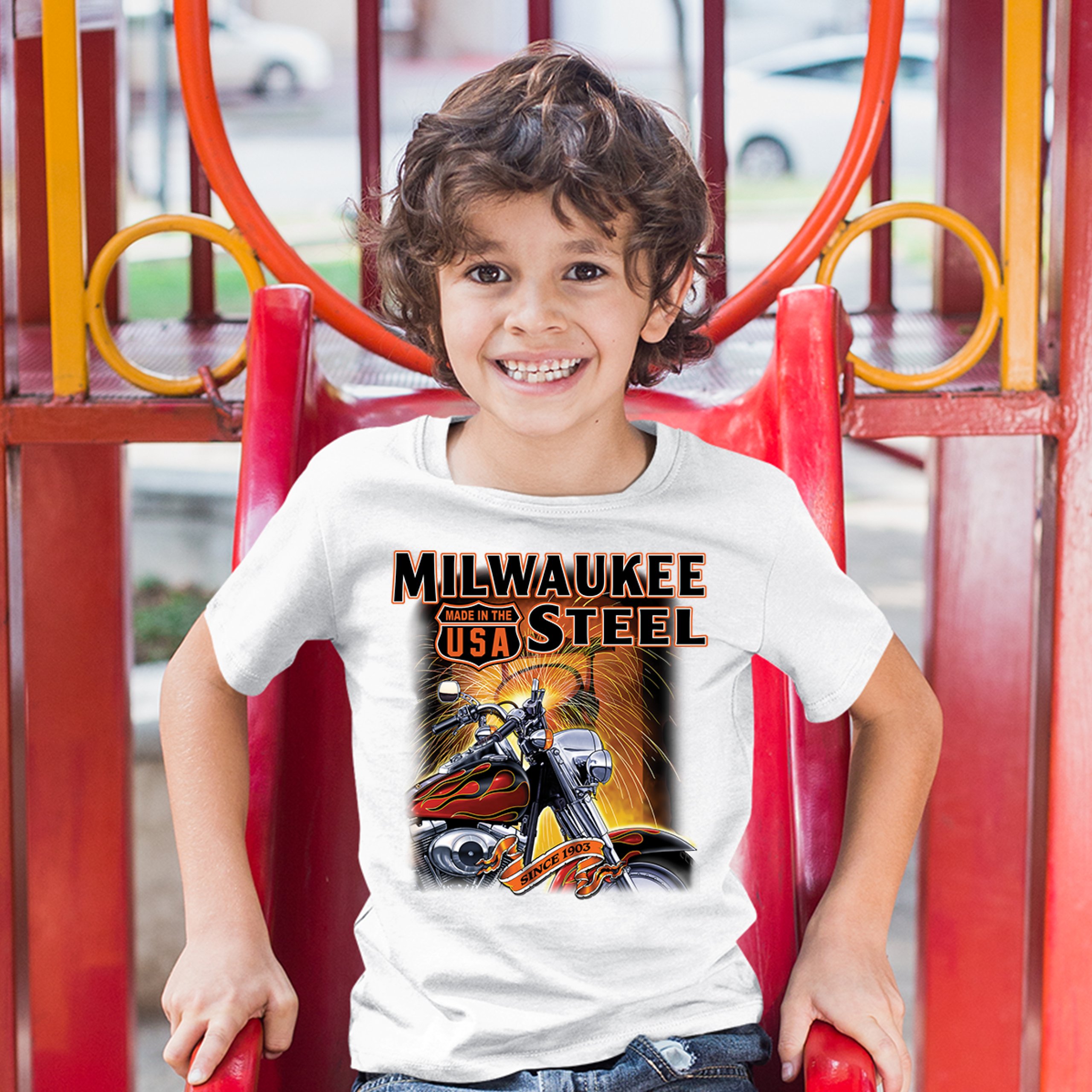 Milwaukee Steel Youth T-shirt Route 66 Motorcycle Chopper Bobber Biker Kids - Picture 17 of 29