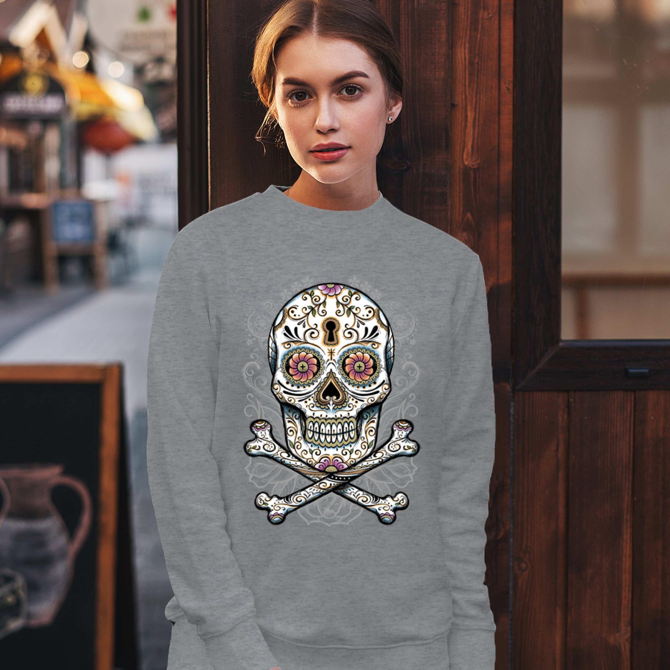 Calavera Sugar Skull Sweatshirt Mexican Day of the Dead Dia de Muertos Crewneck - Picture 11 of 36