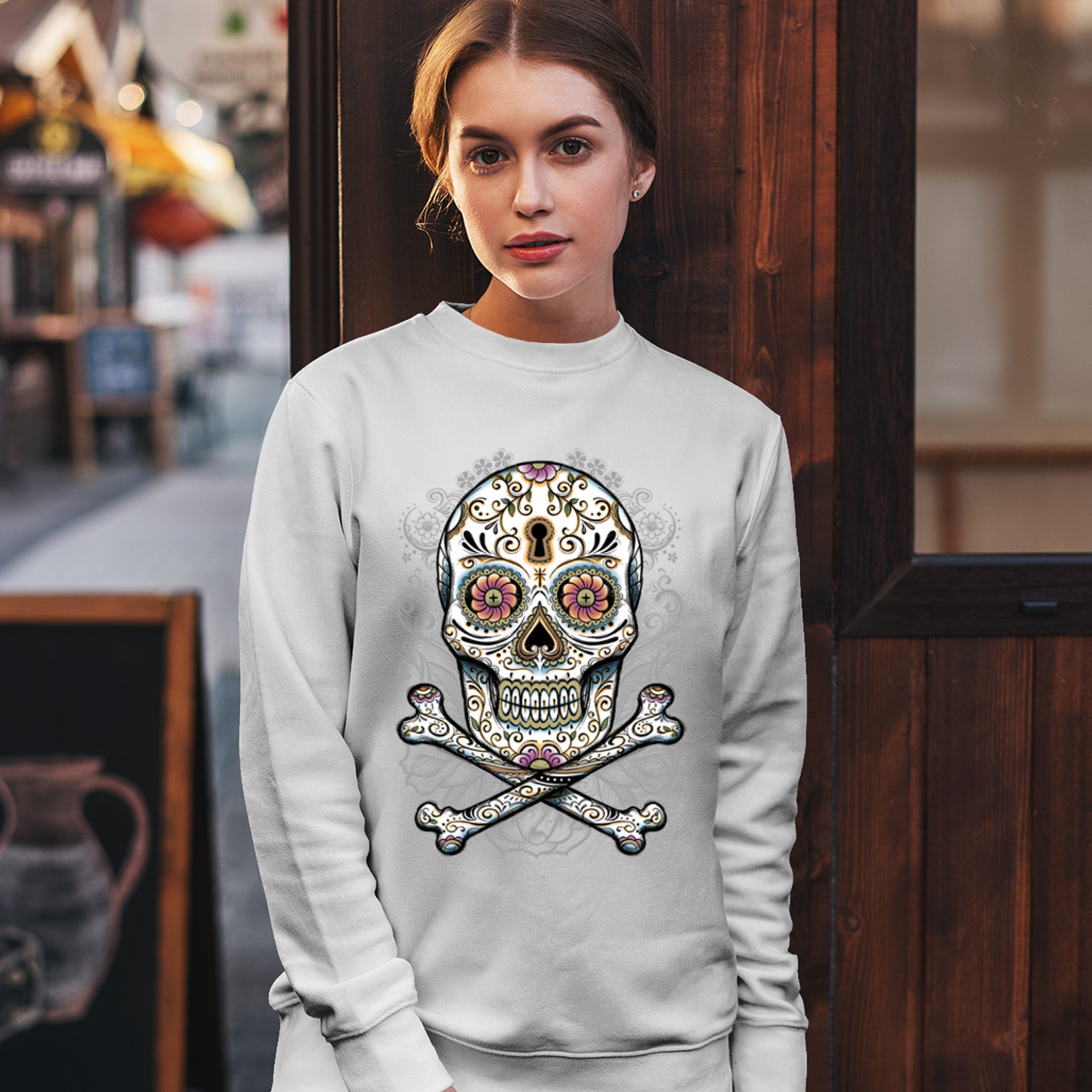 Calavera Sugar Skull Sweatshirt Mexican Day of the Dead Dia de Muertos Crewneck - Picture 21 of 36
