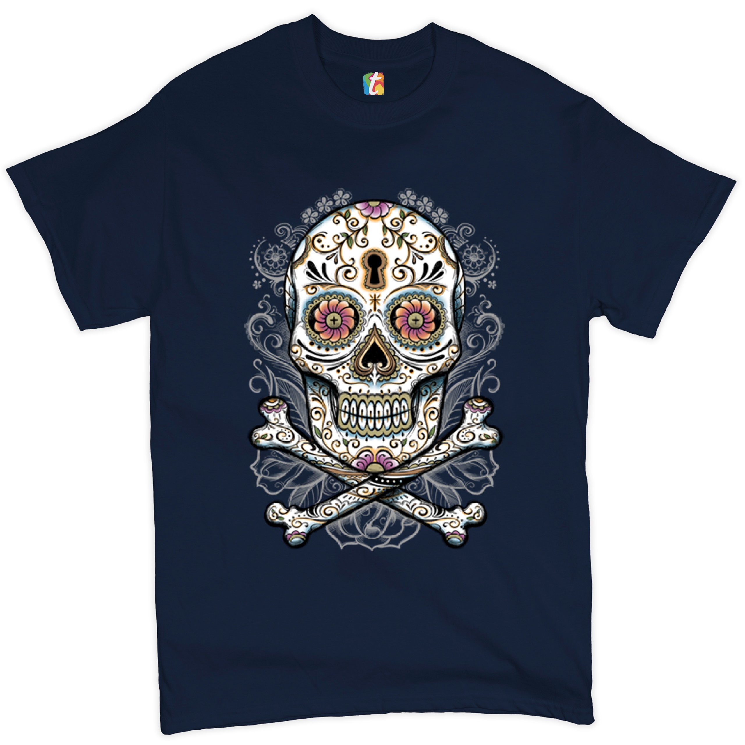 Calavera Sugar Skull T-shirt Mexican Day of the Dead Dia de Muertos Men's Tee - Picture 30 of 65