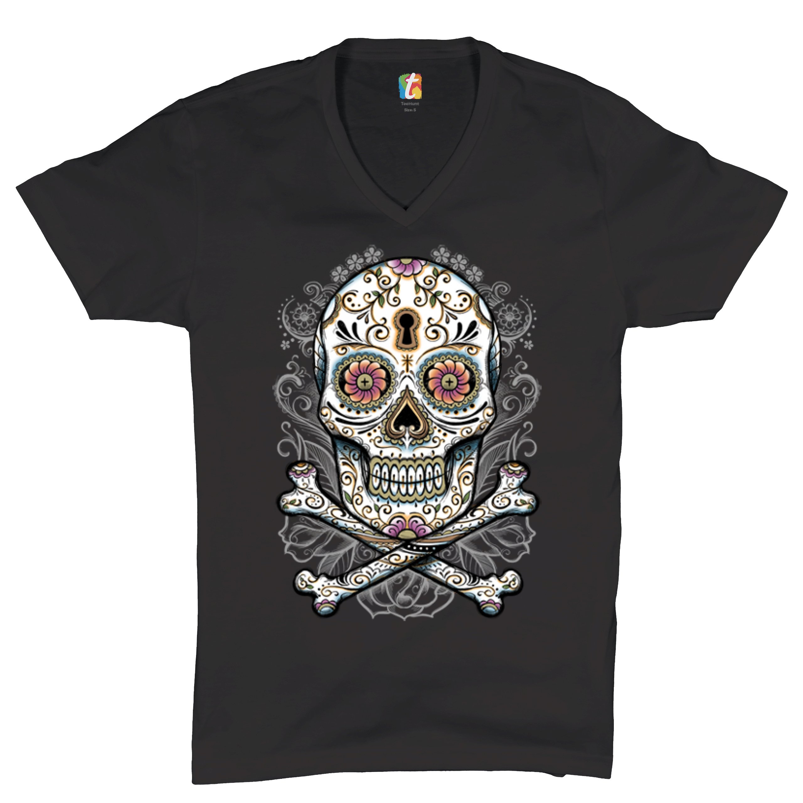 Calavera Sugar Skull V-Neck T-shirt Mexican Day of the Dead Dia de Muertos Tee