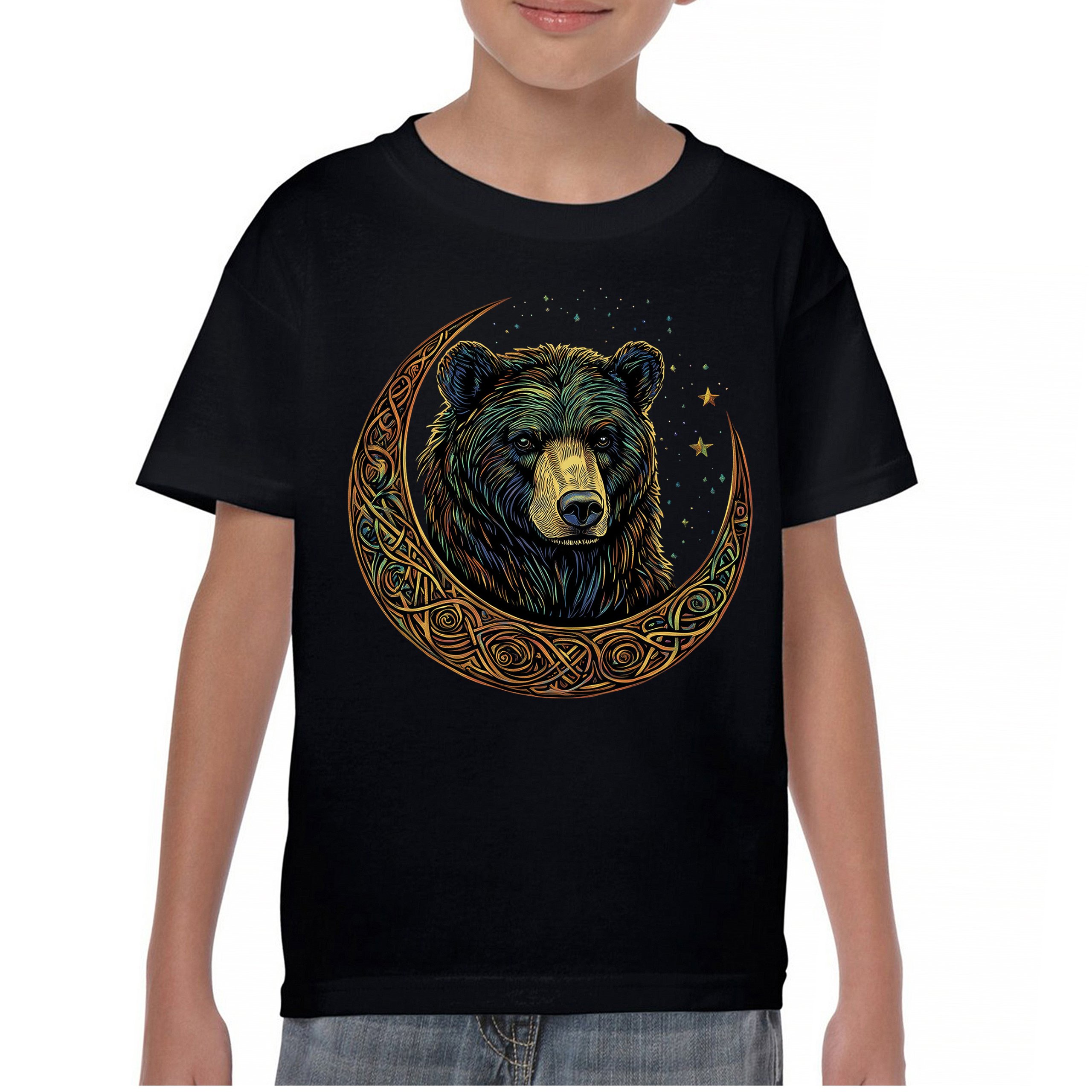Celtic Moon Bear Youth T-shirt Mystical Forest Animal Wildlife Celestial Kids - Picture 2 of 50