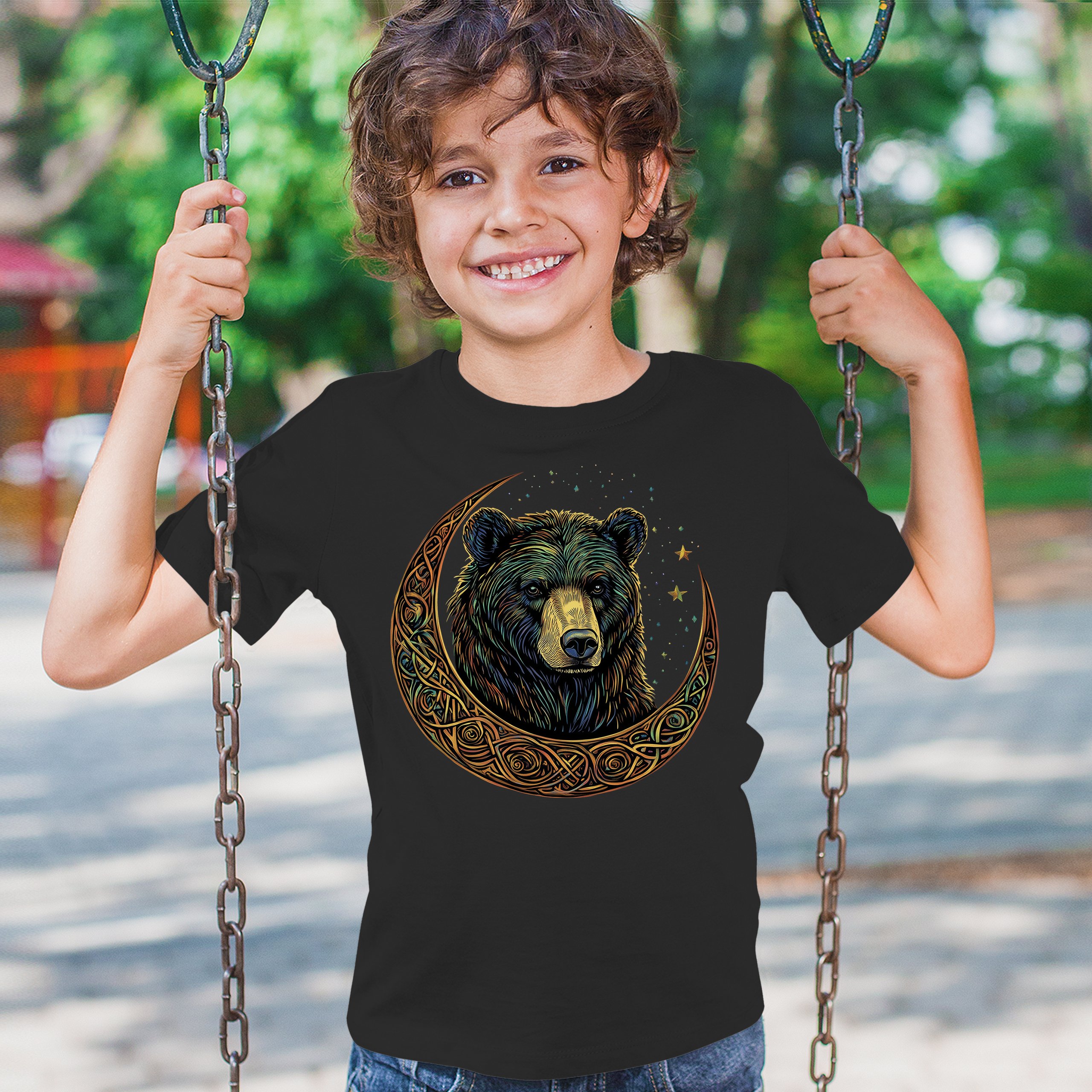 Celtic Moon Bear Youth T-shirt Mystical Forest Animal Wildlife Celestial Kids - Picture 5 of 50