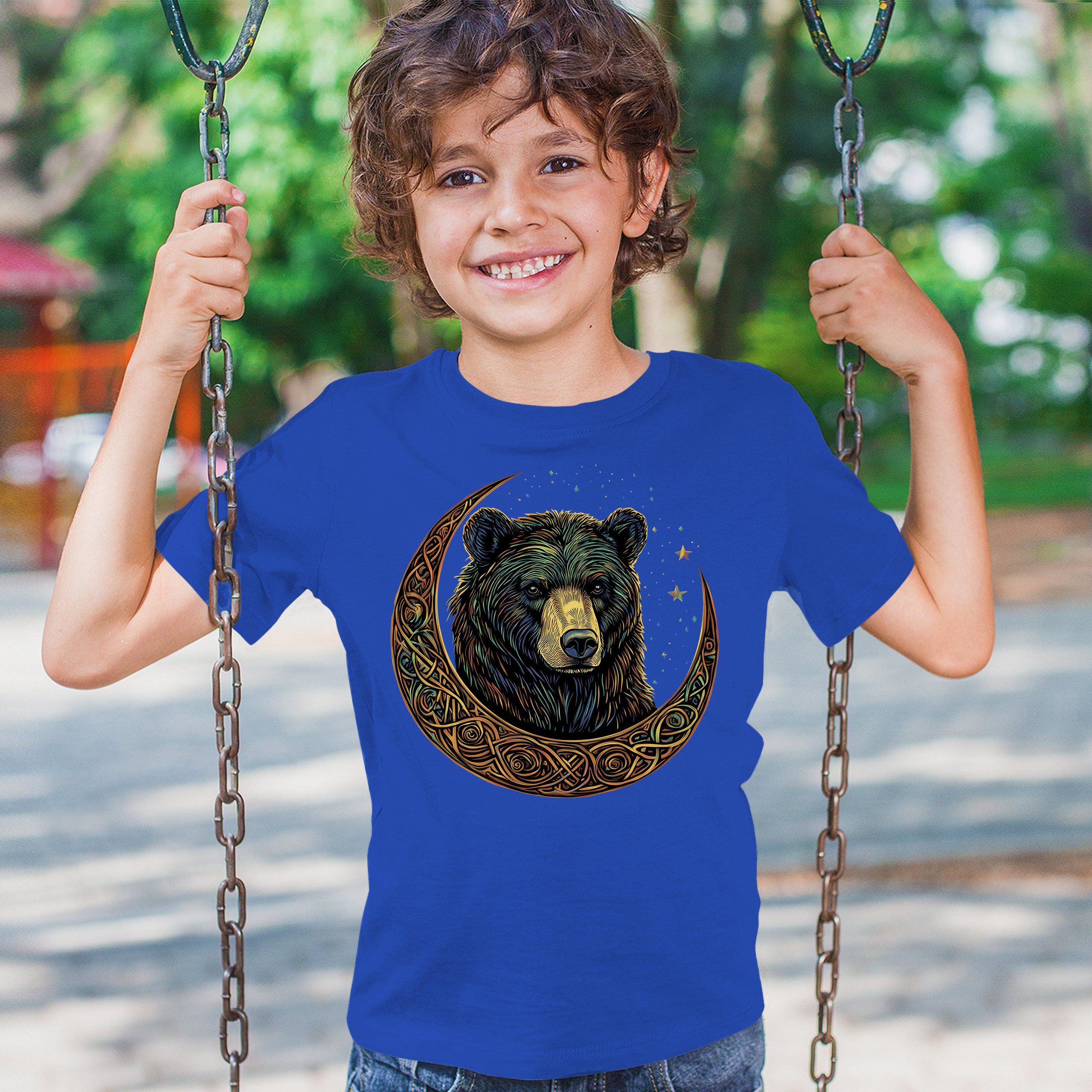Celtic Moon Bear Youth T-shirt Mystical Forest Animal Wildlife Celestial Kids - Picture 40 of 50