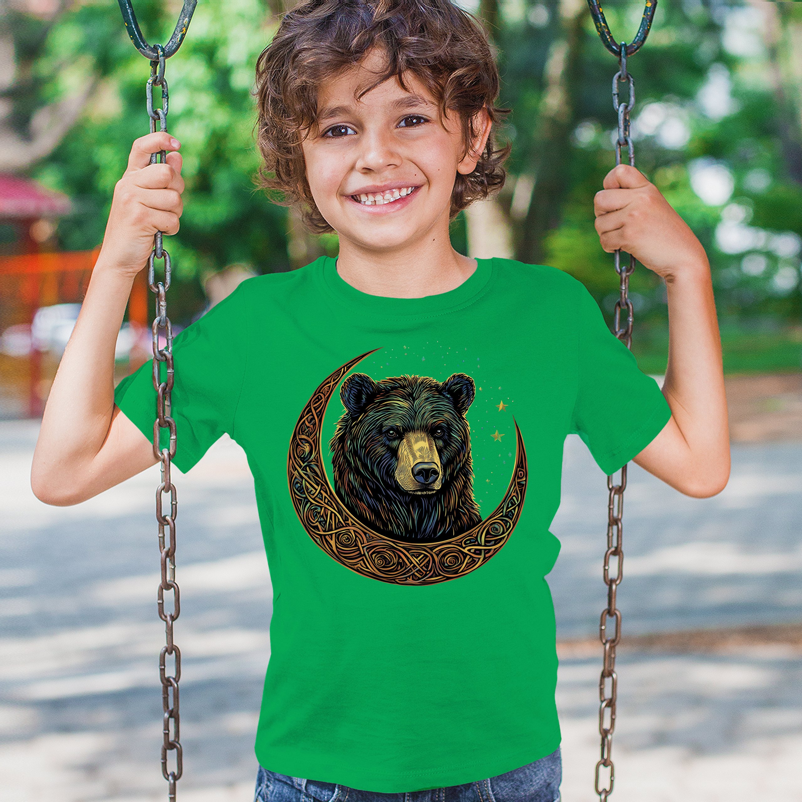 Celtic Moon Bear Youth T-shirt Mystical Forest Animal Wildlife Celestial Kids - Picture 33 of 50