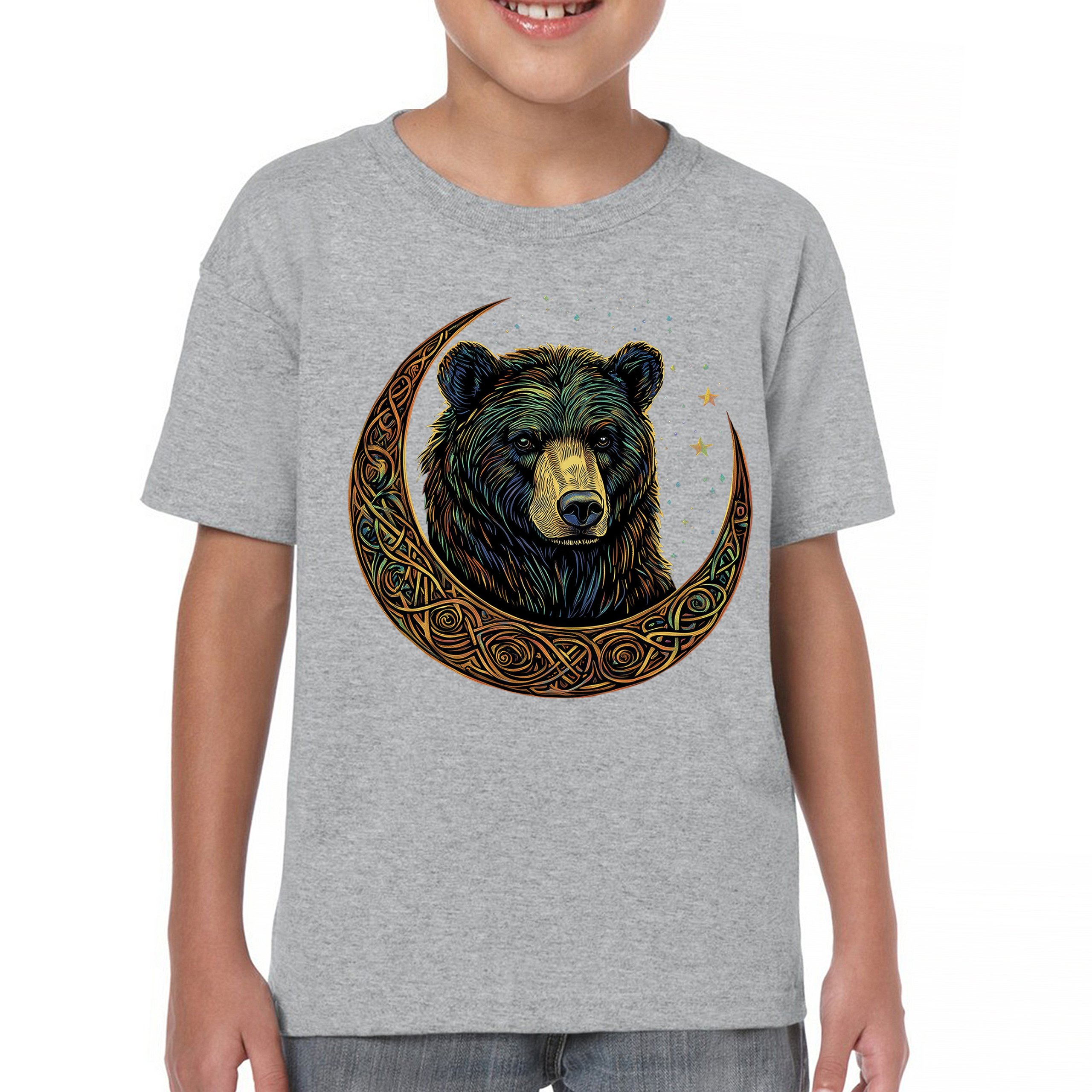 Celtic Moon Bear Youth T-shirt Mystical Forest Animal Wildlife Celestial Kids - Picture 9 of 50