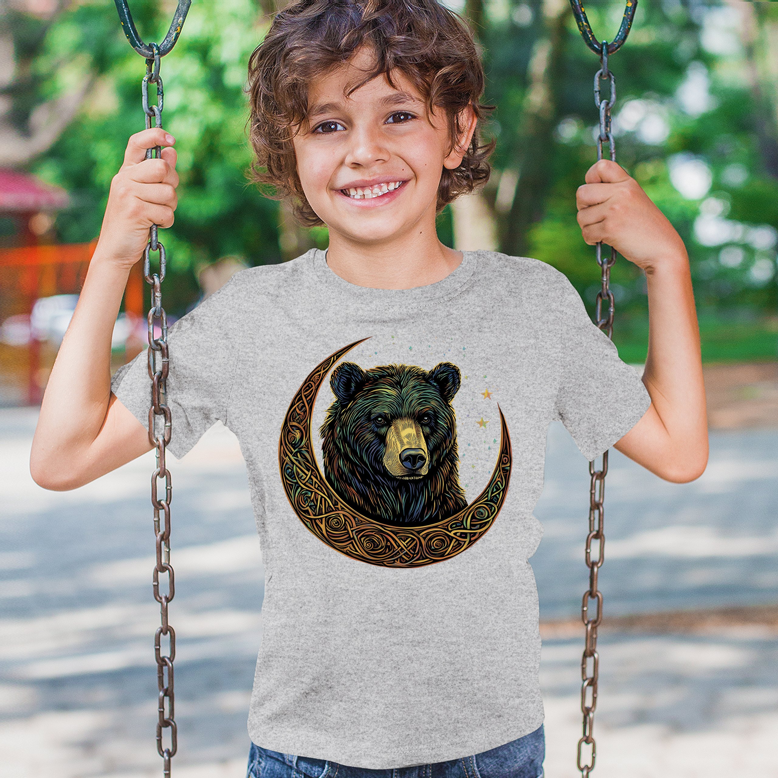 Celtic Moon Bear Youth T-shirt Mystical Forest Animal Wildlife Celestial Kids - Picture 12 of 50