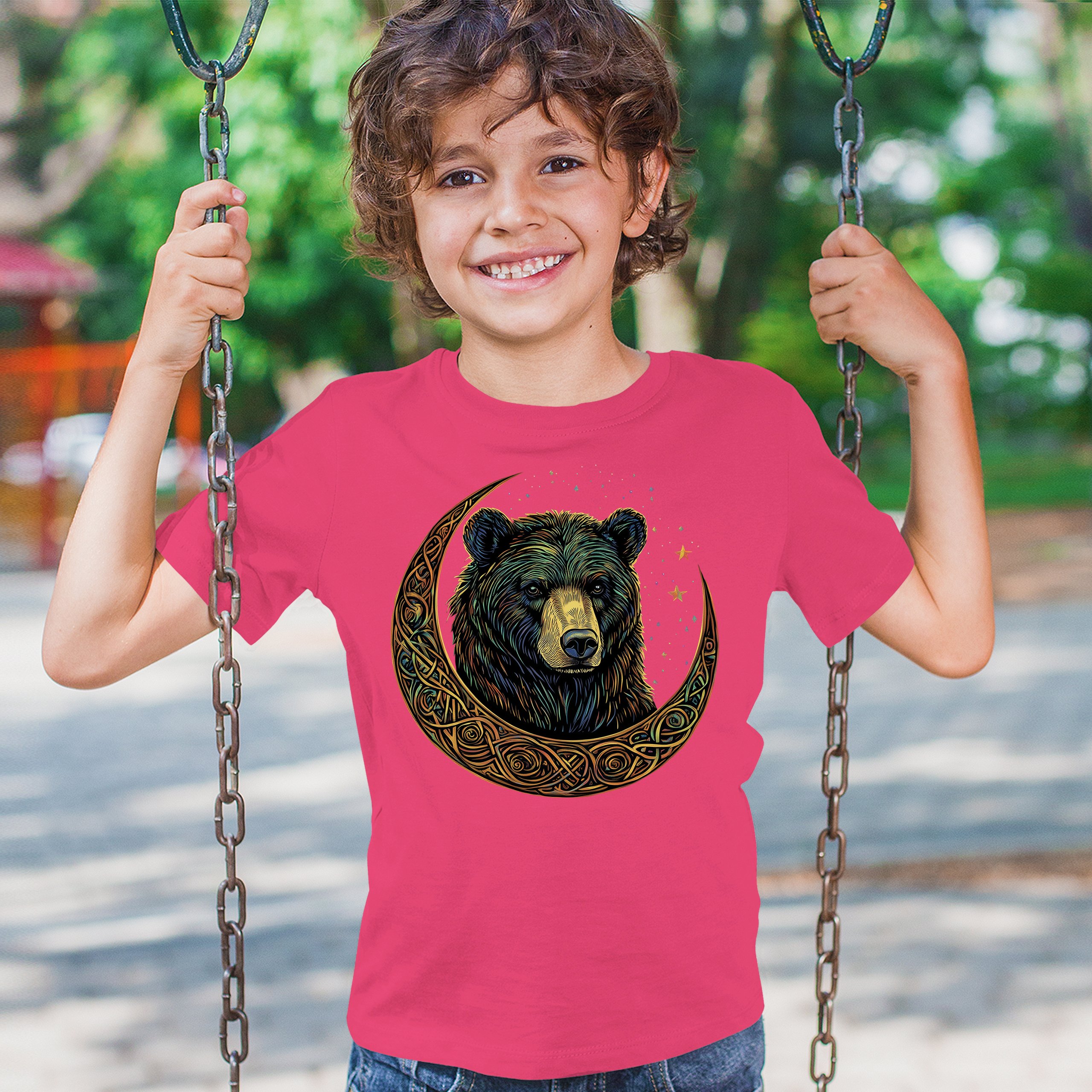 Celtic Moon Bear Youth T-shirt Mystical Forest Animal Wildlife Celestial Kids - Picture 47 of 50