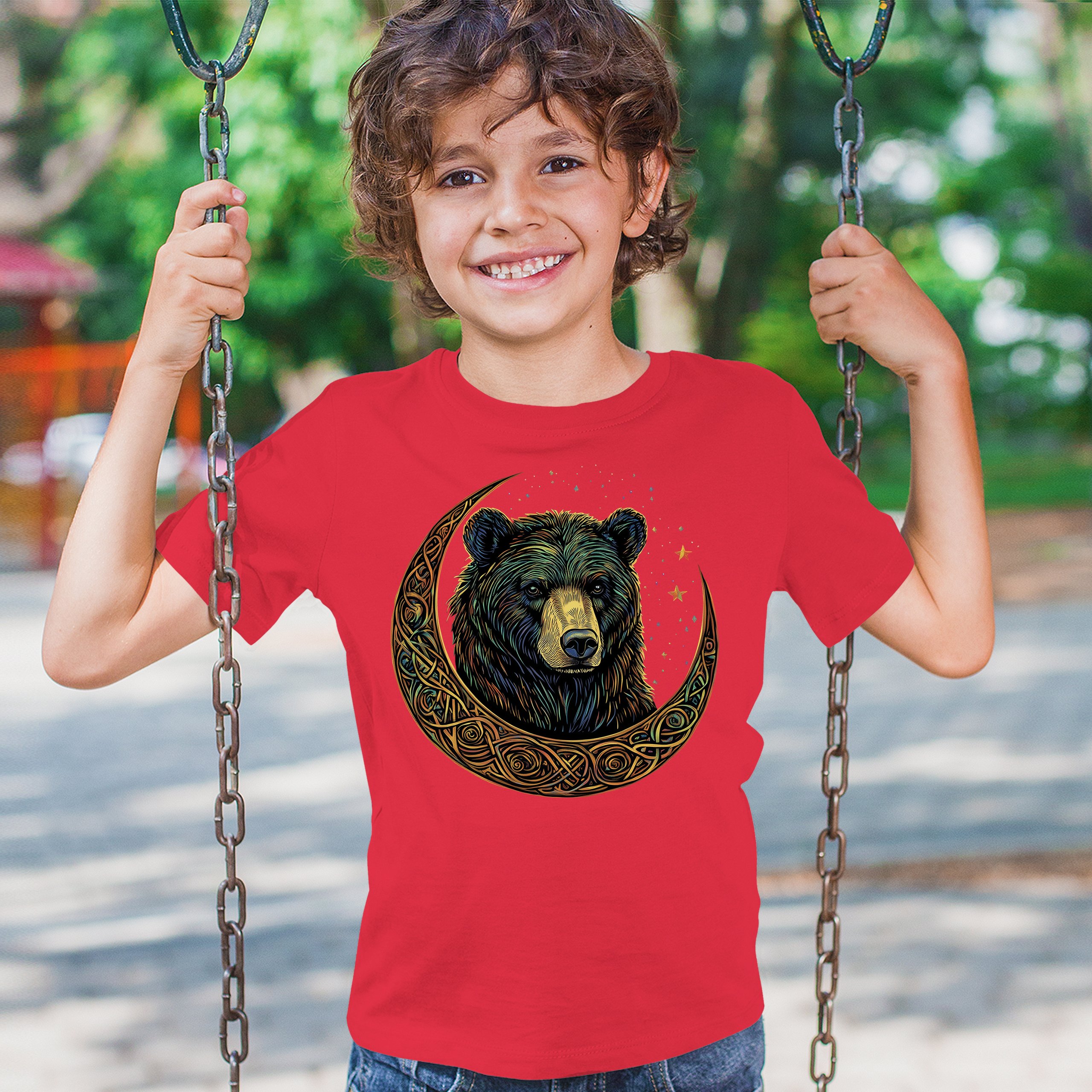 Celtic Moon Bear Youth T-shirt Mystical Forest Animal Wildlife Celestial Kids - Picture 19 of 50