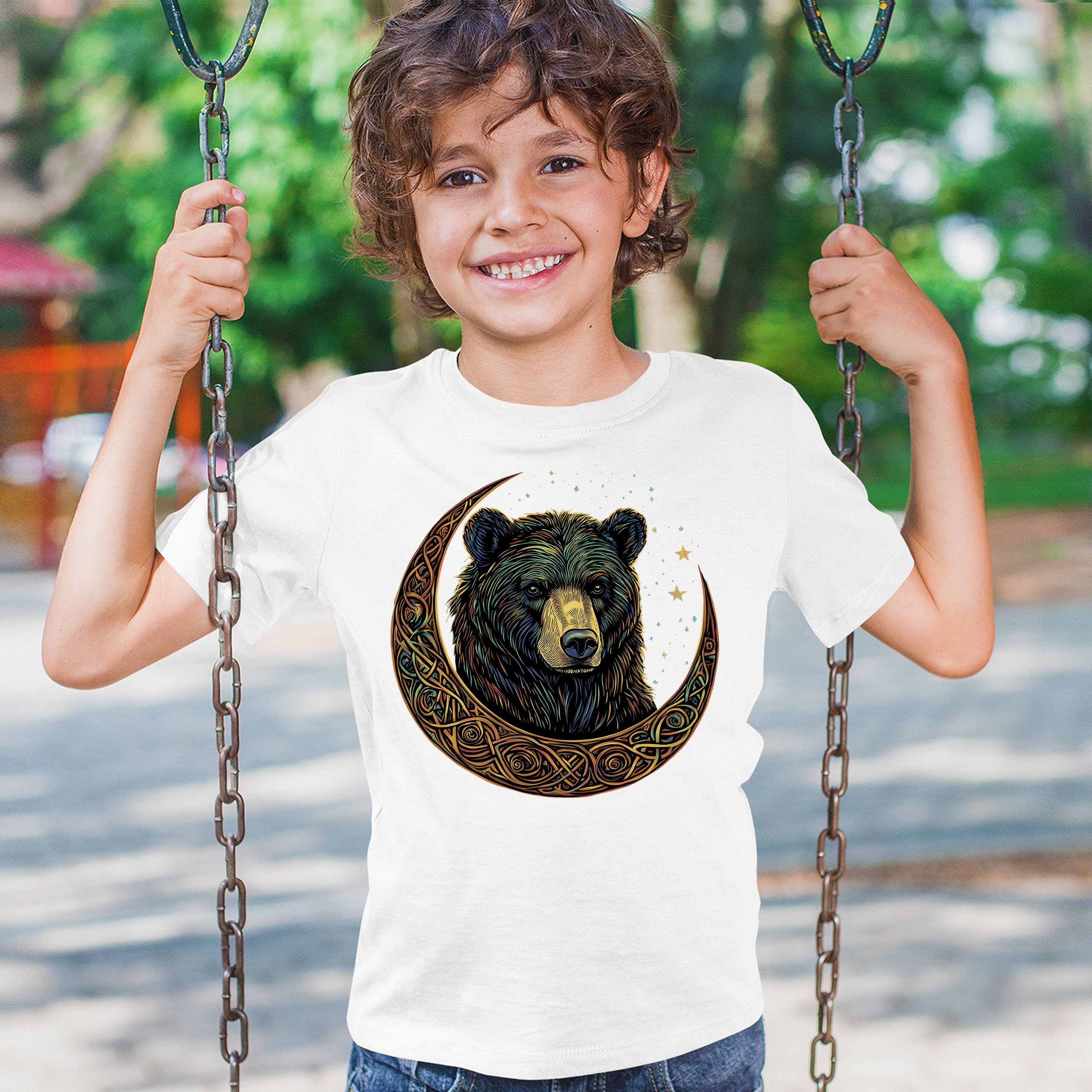 Celtic Moon Bear Youth T-shirt Mystical Forest Animal Wildlife Celestial Kids - Picture 26 of 50