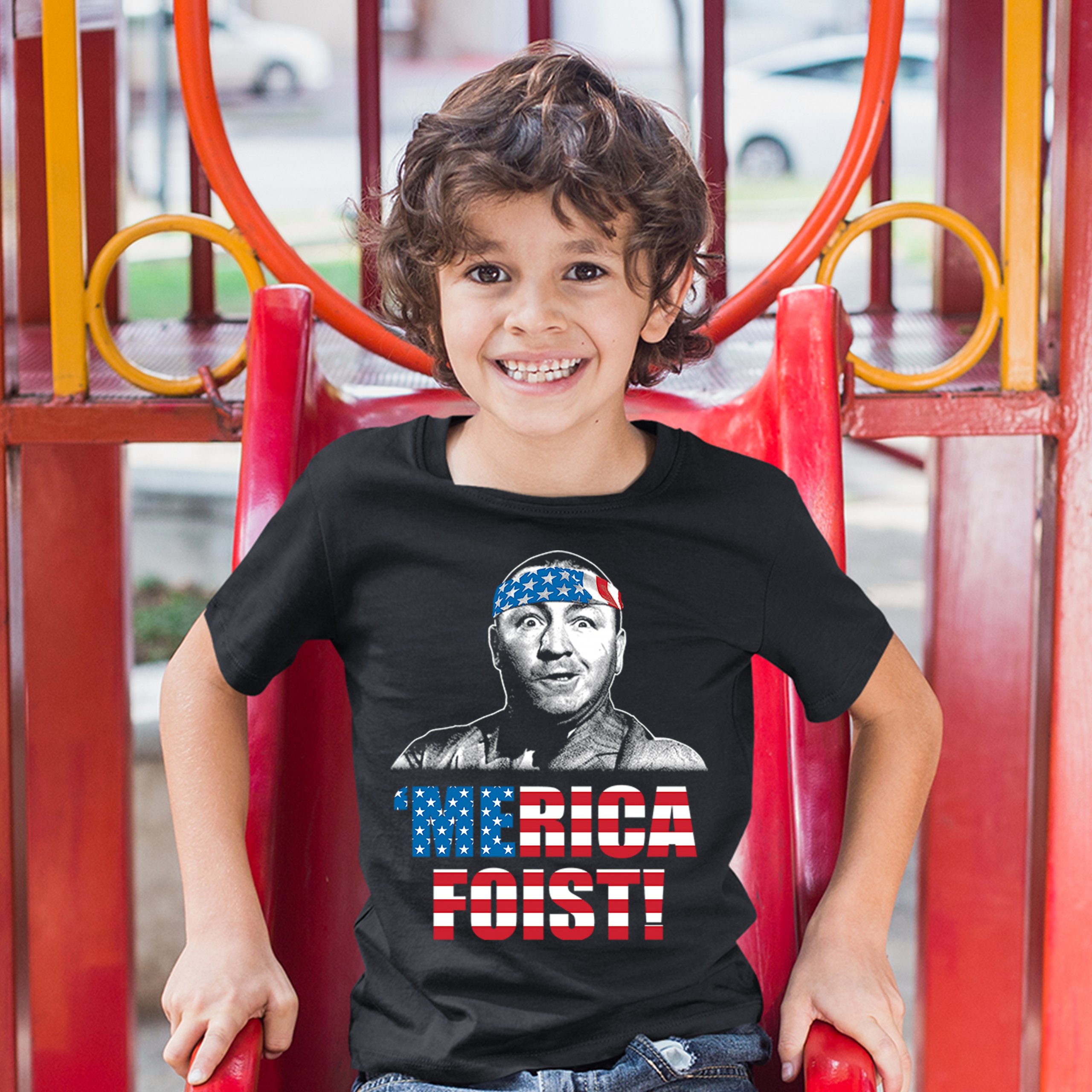 Merica Foist Youth T-shirt Patriotic Curly Howard The Three Stooges USA Kids - Picture 5 of 21