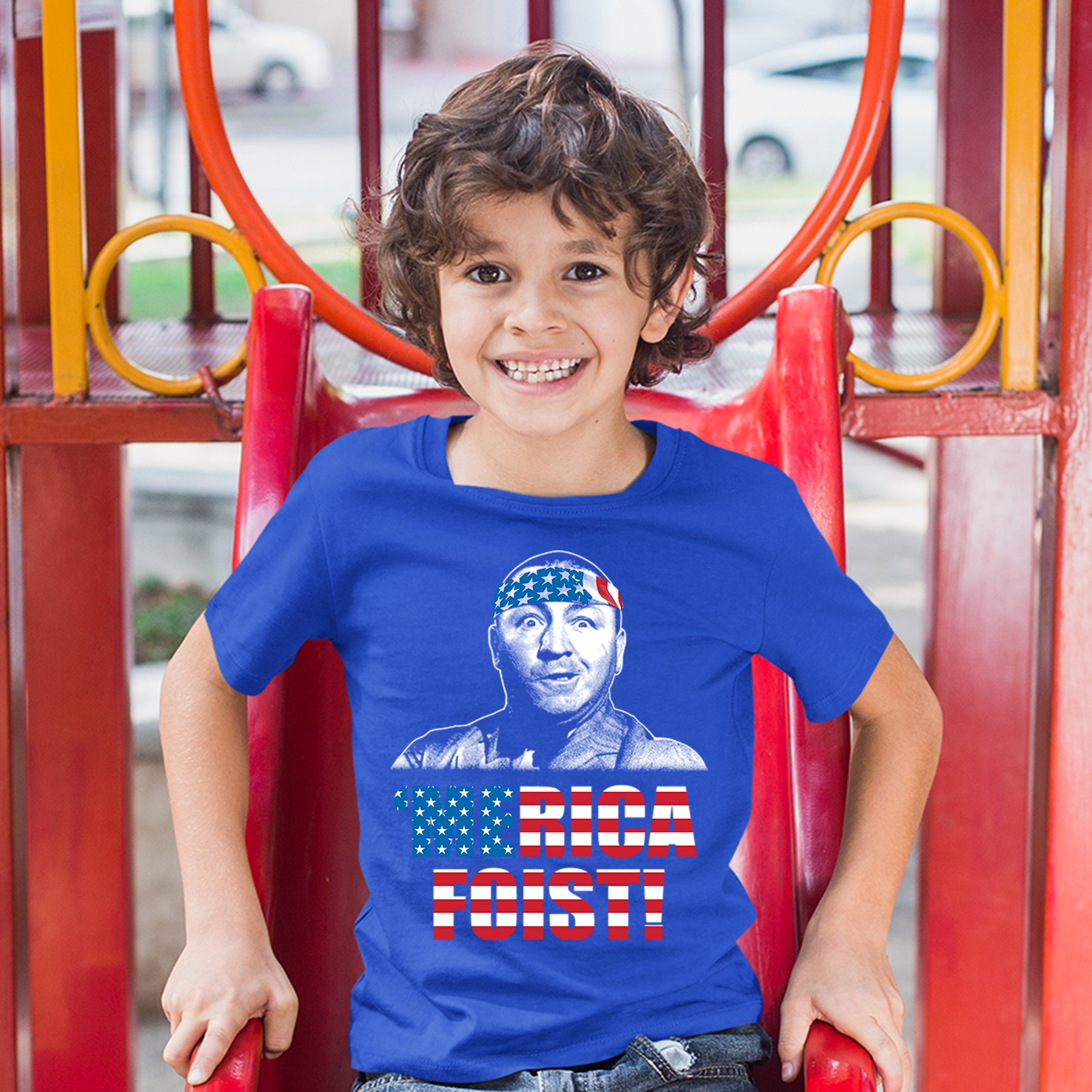 Merica Foist Youth T-shirt Patriotic Curly Howard The Three Stooges USA Kids - Picture 17 of 21