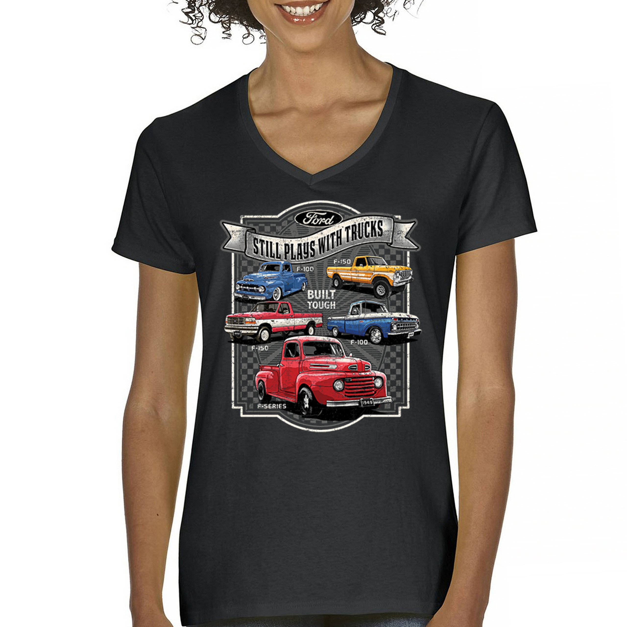 Ford Still Plays with Trucks Women’s V-Neck T-shirt F100 F150 Built Tough Tee
